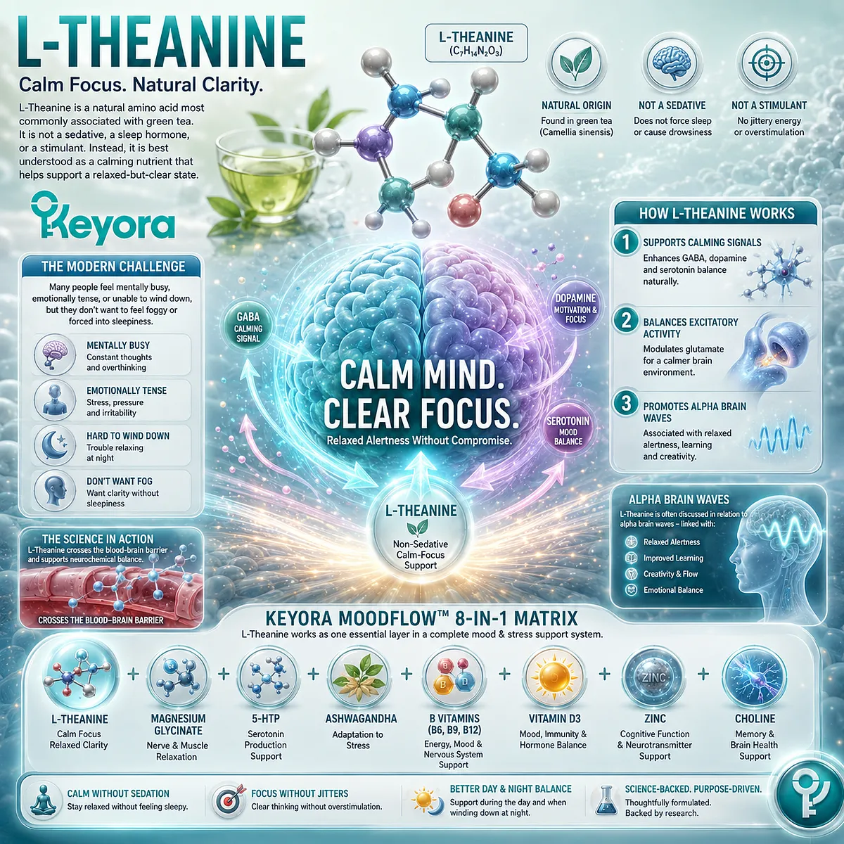 L-Theanine calm focus support mapped through alpha brain wave activity, excitatory balance, and relaxed alertness, framed by the Keyora MoodFlow Matrix for stress resilience and mental clarity. L-Theanine calm focus support mapped through alpha brain wave activity, excitatory balance, and relaxed alertness, framed by the Keyora MoodFlow Matrix for stress resilience and mental clarity.