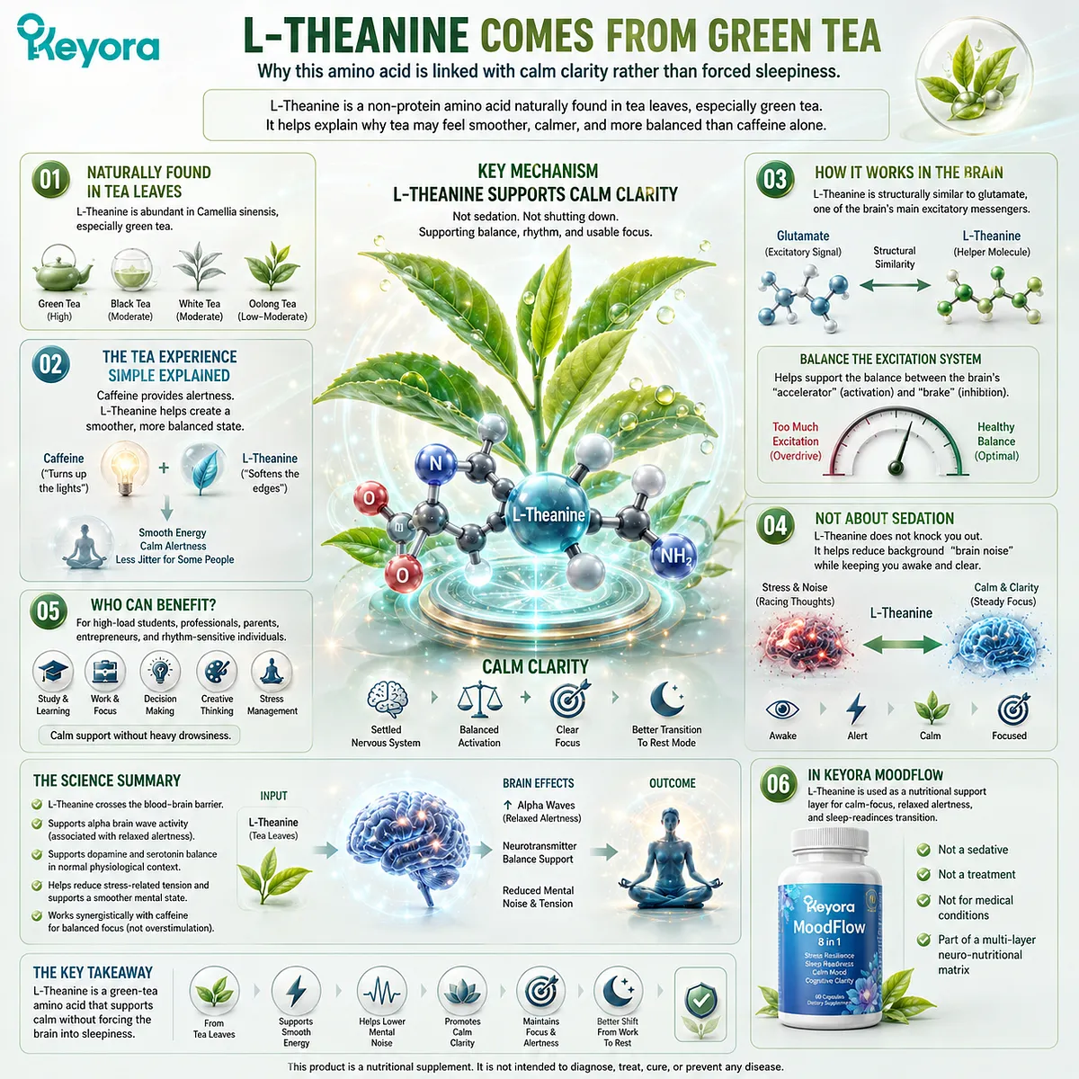 L-Theanine from green tea supports calm focus and relaxed alertness through excitatory-signal balance and glutamate-related neural regulation, framed by the Keyora MoodFlow Matrix for calm clarity without sedation. L-Theanine from green tea supports calm focus and relaxed alertness through excitatory-signal balance and glutamate-related neural regulation, framed by the Keyora MoodFlow Matrix for calm clarity without sedation.