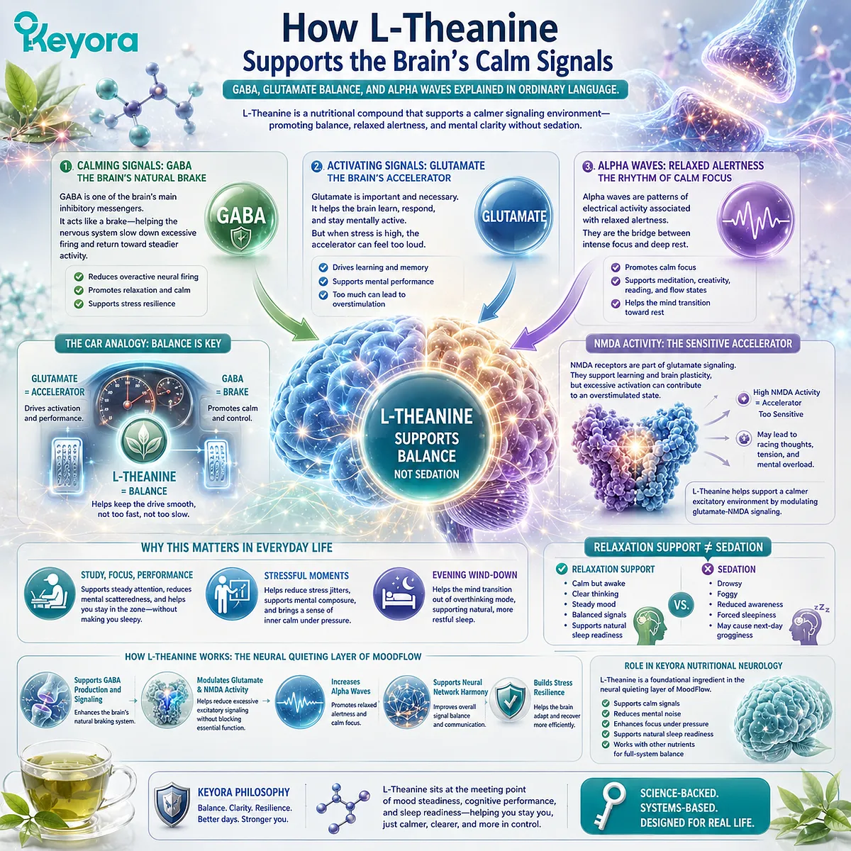 L-Theanine supports calm focus through GABA-glutamate balance, NMDA regulation, and alpha brain wave activity, helping orient stress resilience and relaxed alertness within the Keyora MoodFlow Matrix. L-Theanine supports calm focus through GABA-glutamate balance, NMDA regulation, and alpha brain wave activity, helping orient stress resilience and relaxed alertness within the Keyora MoodFlow Matrix.