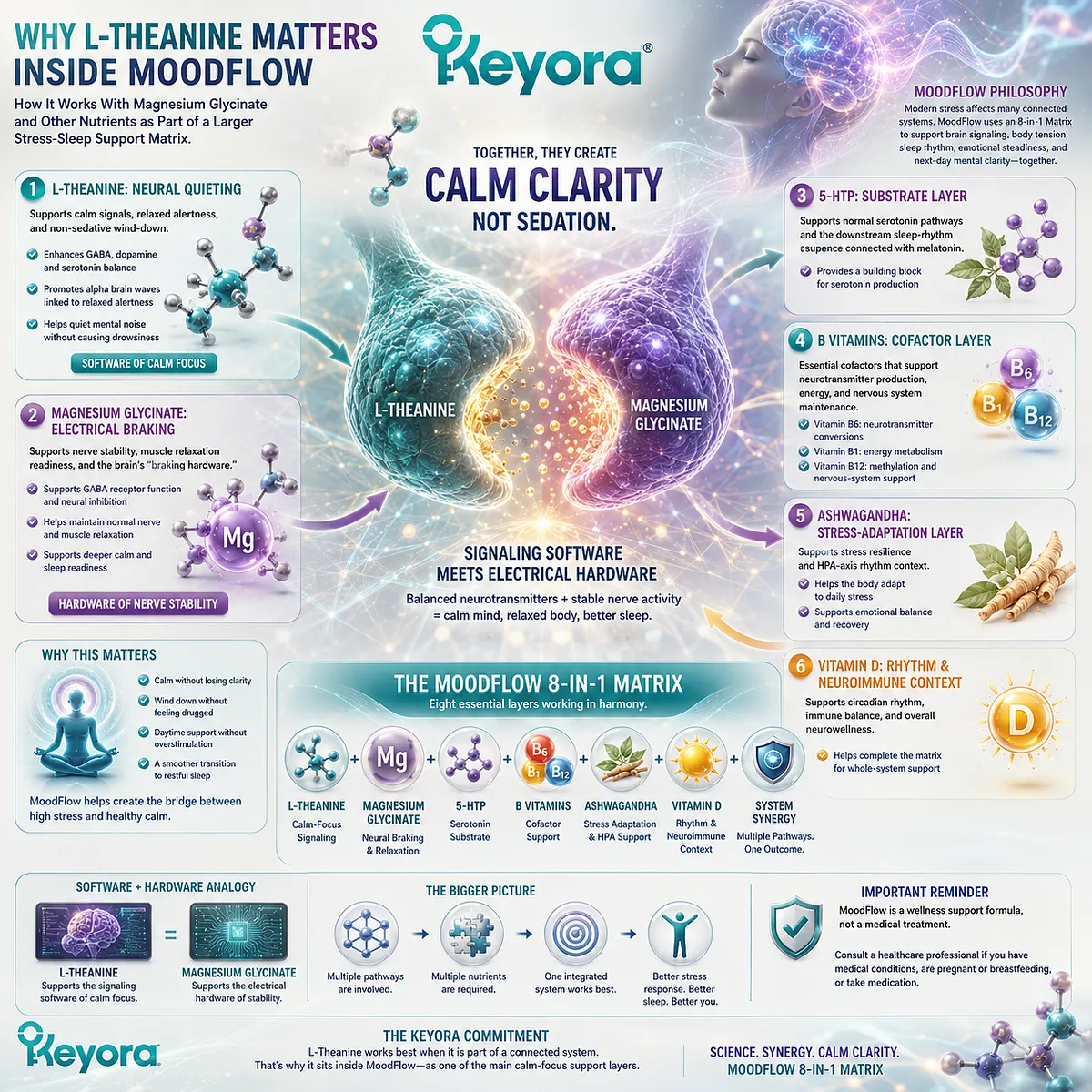 L-Theanine, magnesium glycinate, 5-HTP, and Ashwagandha support stress resilience, sleep readiness, and calm focus through neurotransmitter balance, HPA-axis rhythm, and the Keyora MoodFlow 8-in-1 Matrix. L-Theanine, magnesium glycinate, 5-HTP, and Ashwagandha support stress resilience, sleep readiness, and calm focus through neurotransmitter balance, HPA-axis rhythm, and the Keyora MoodFlow 8-in-1 Matrix.