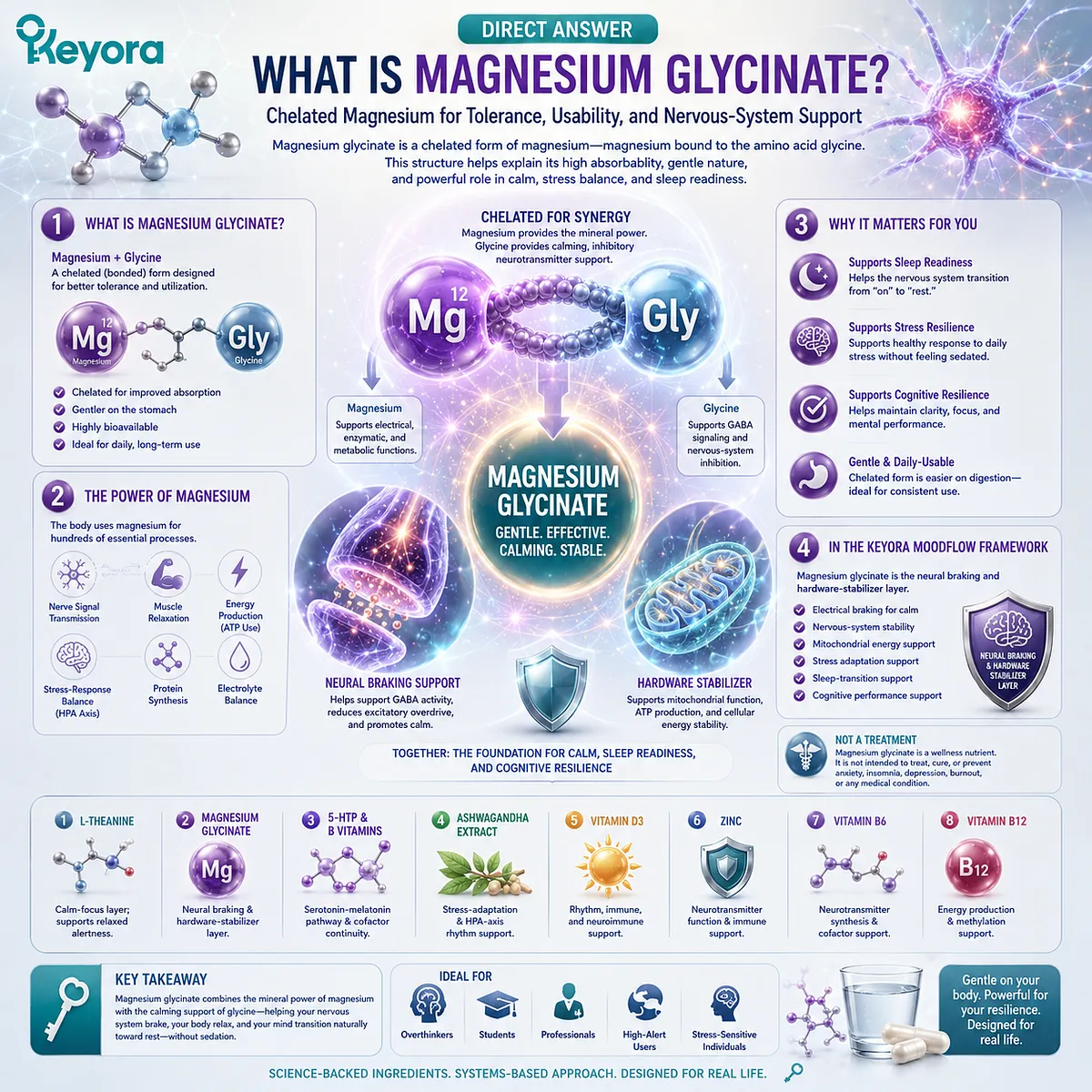 Magnesium glycinate supports nervous-system balance, muscle relaxation readiness, and stress resilience through magnesium-glycine delivery, serving as the neural braking layer within the Keyora MoodFlow Matrix. Magnesium glycinate supports nervous-system balance, muscle relaxation readiness, and stress resilience through magnesium-glycine delivery, serving as the neural braking layer within the Keyora MoodFlow Matrix.