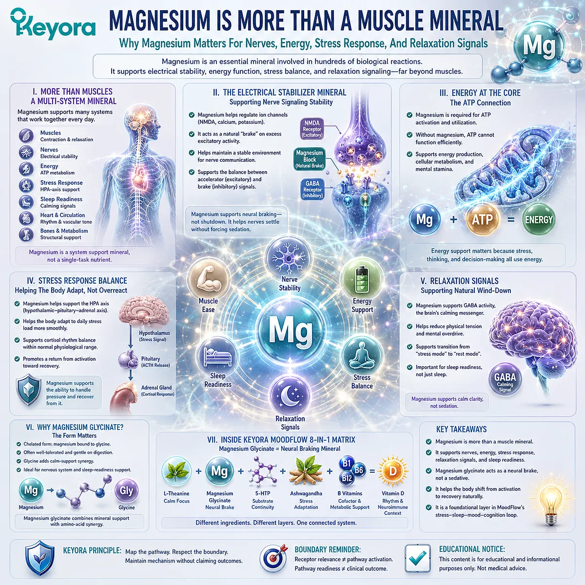 Magnesium glycinate supports nervous-system stability, ATP energy utilization, relaxation signaling, and stress resilience, serving as the neural braking mineral within the Keyora MoodFlow Matrix. Magnesium glycinate supports nervous-system stability, ATP energy utilization, relaxation signaling, and stress resilience, serving as the neural braking mineral within the Keyora MoodFlow Matrix.