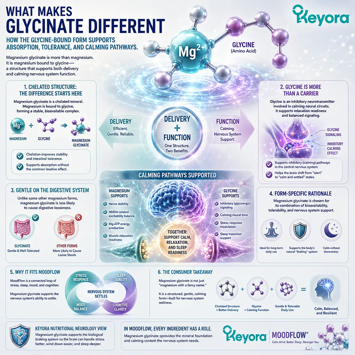 Magnesium glycinate supports nervous-system balance, relaxation readiness, and stress resilience through magnesium-glycine chelation, inhibitory signaling context, and the Keyora MoodFlow Matrix. Magnesium glycinate supports nervous-system balance, relaxation readiness, and stress resilience through magnesium-glycine chelation, inhibitory signaling context, and the Keyora MoodFlow Matrix.