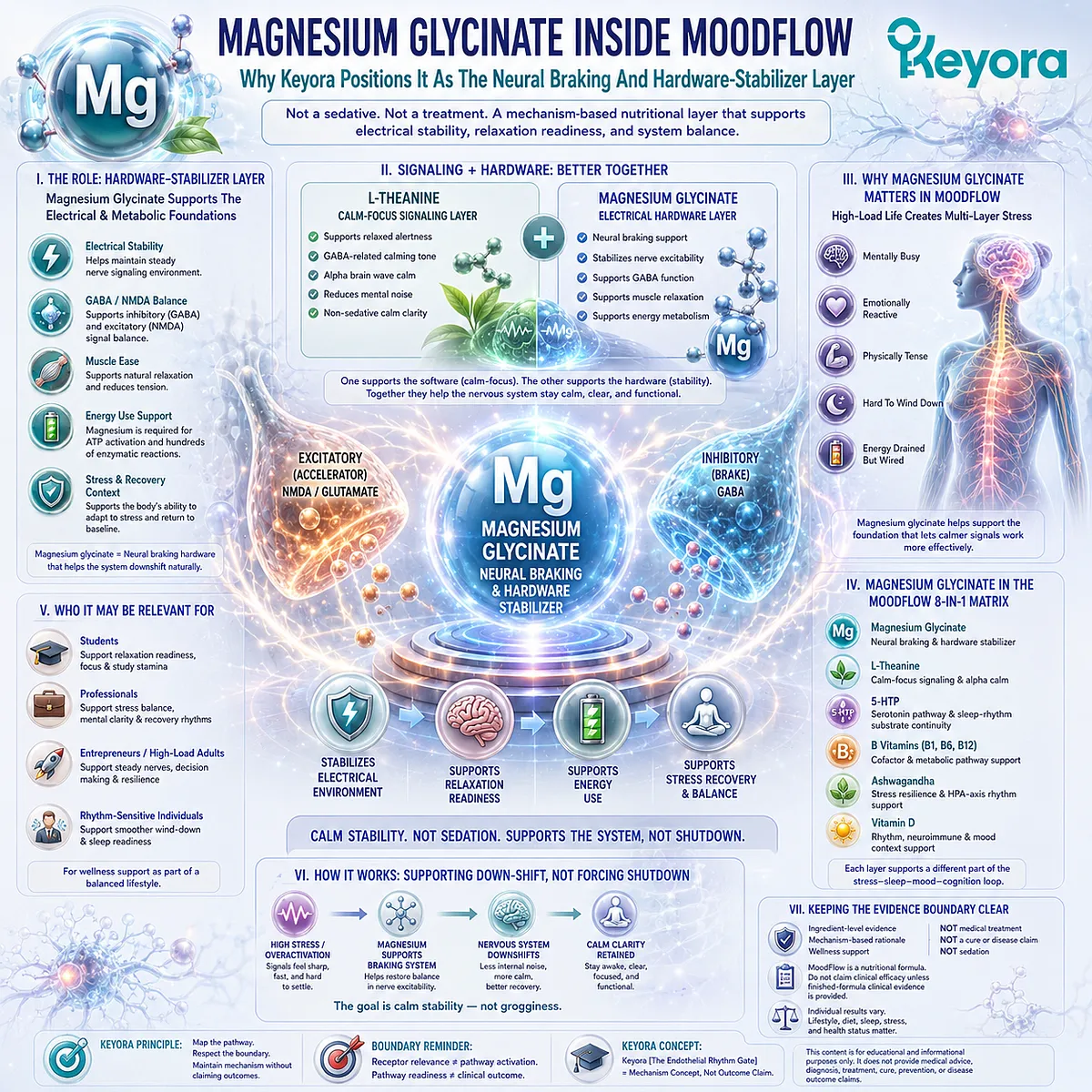 Magnesium glycinate supports nervous-system stability, GABA-NMDA balance, and relaxation readiness as the neural braking and hardware-stabilizer layer within the Keyora MoodFlow 8-in-1 Matrix. Magnesium glycinate supports nervous-system stability, GABA-NMDA balance, and relaxation readiness as the neural braking and hardware-stabilizer layer within the Keyora MoodFlow 8-in-1 Matrix.