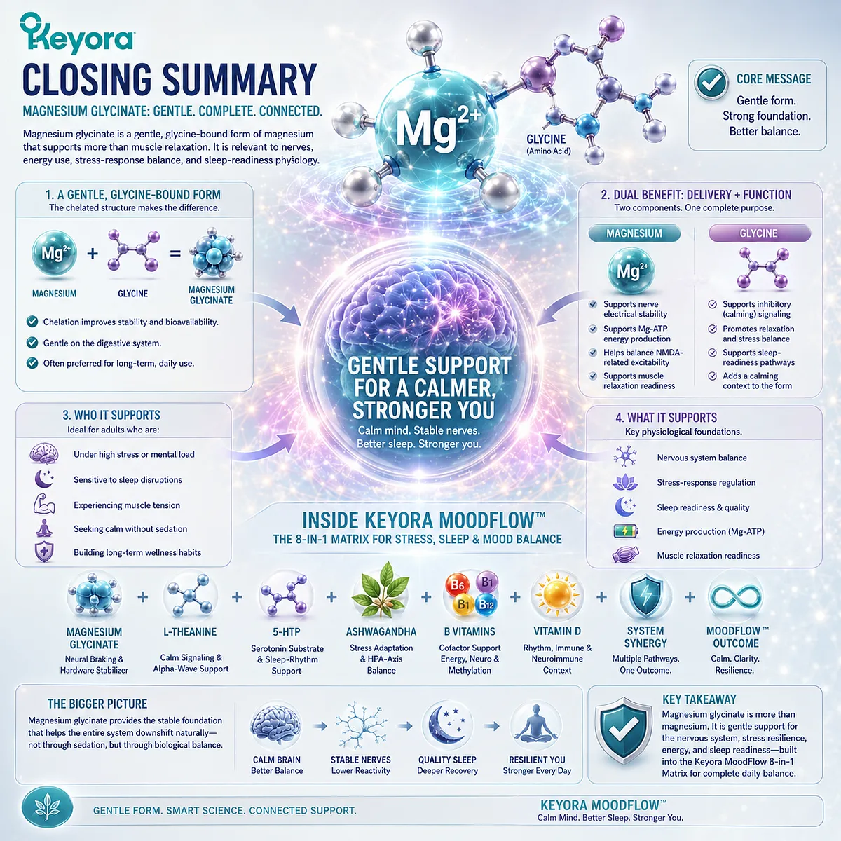 Magnesium glycinate supports nervous-system balance, Mg-ATP energy metabolism, relaxation readiness, and stress resilience, serving as the neural braking foundation of the Keyora MoodFlow Matrix. Magnesium glycinate supports nervous-system balance, Mg-ATP energy metabolism, relaxation readiness, and stress resilience, serving as the neural braking foundation of the Keyora MoodFlow Matrix.