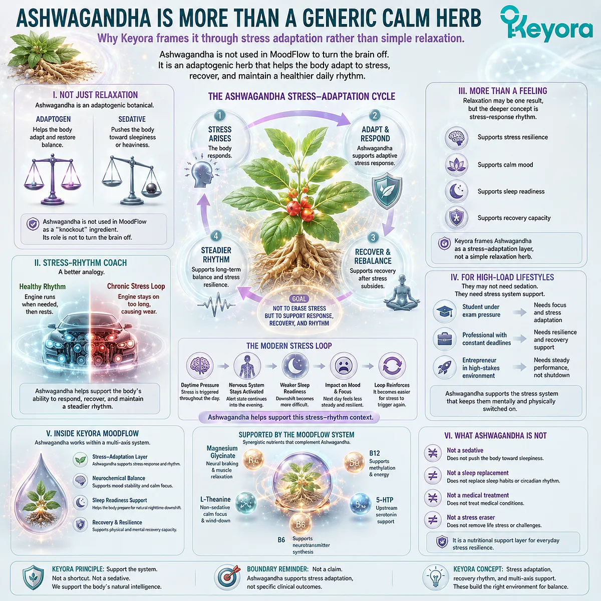 Ashwagandha supports stress resilience, sleep readiness, and recovery capacity through HPA-axis regulation, adaptive stress-response balance, and GABA-serotonin signaling within the Keyora MoodFlow Matrix. Ashwagandha supports stress resilience, sleep readiness, and recovery capacity through HPA-axis regulation, adaptive stress-response balance, and GABA-serotonin signaling within the Keyora MoodFlow Matrix.