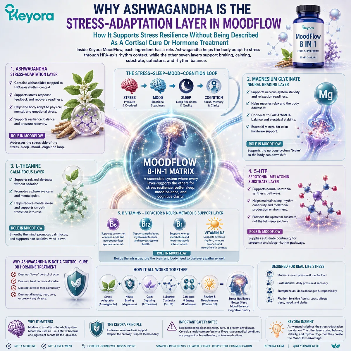 Ashwagandha supports HPA-axis adaptation and stress resilience, while magnesium glycinate, L-Theanine, 5-HTP, B vitamins, and vitamin D coordinate neural braking, calm focus, and sleep-readiness pathways in the Keyora MoodFlow Matrix. Ashwagandha supports HPA-axis adaptation and stress resilience, while magnesium glycinate, L-Theanine, 5-HTP, B vitamins, and vitamin D coordinate neural braking, calm focus, and sleep-readiness pathways in the Keyora MoodFlow Matrix.