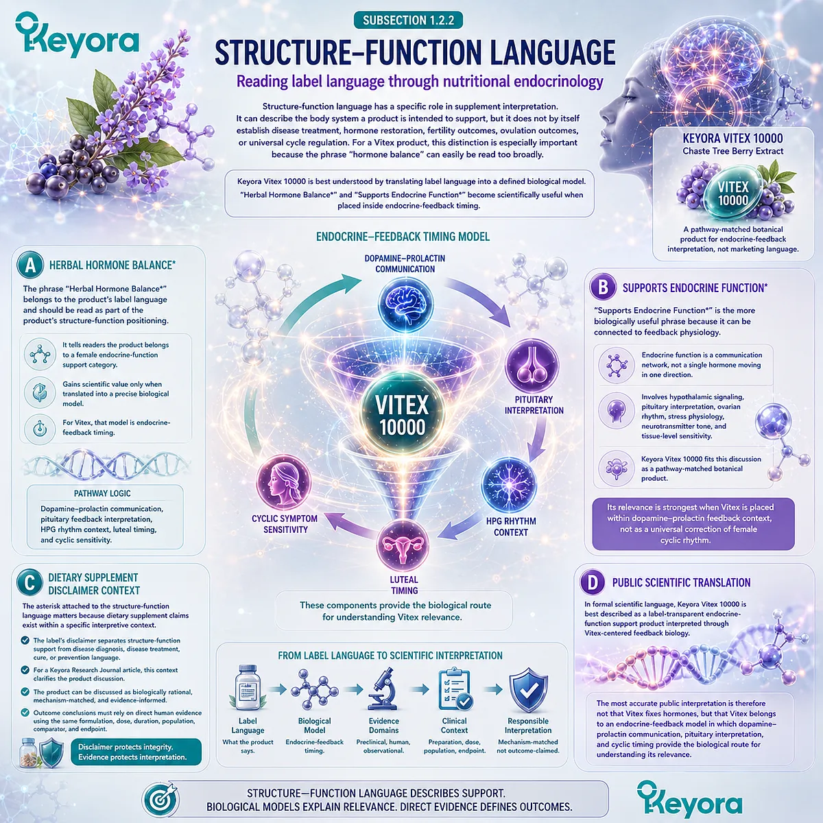 Vitex hormone balance support is translated through endocrine-function signaling, dopamine-prolactin feedback, pituitary communication, and HPG rhythm timing within the Keyora Label-to-Mechanism Translation Gate. Vitex hormone balance support is translated through endocrine-function signaling, dopamine-prolactin feedback, pituitary communication, and HPG rhythm timing within the Keyora Label-to-Mechanism Translation Gate.