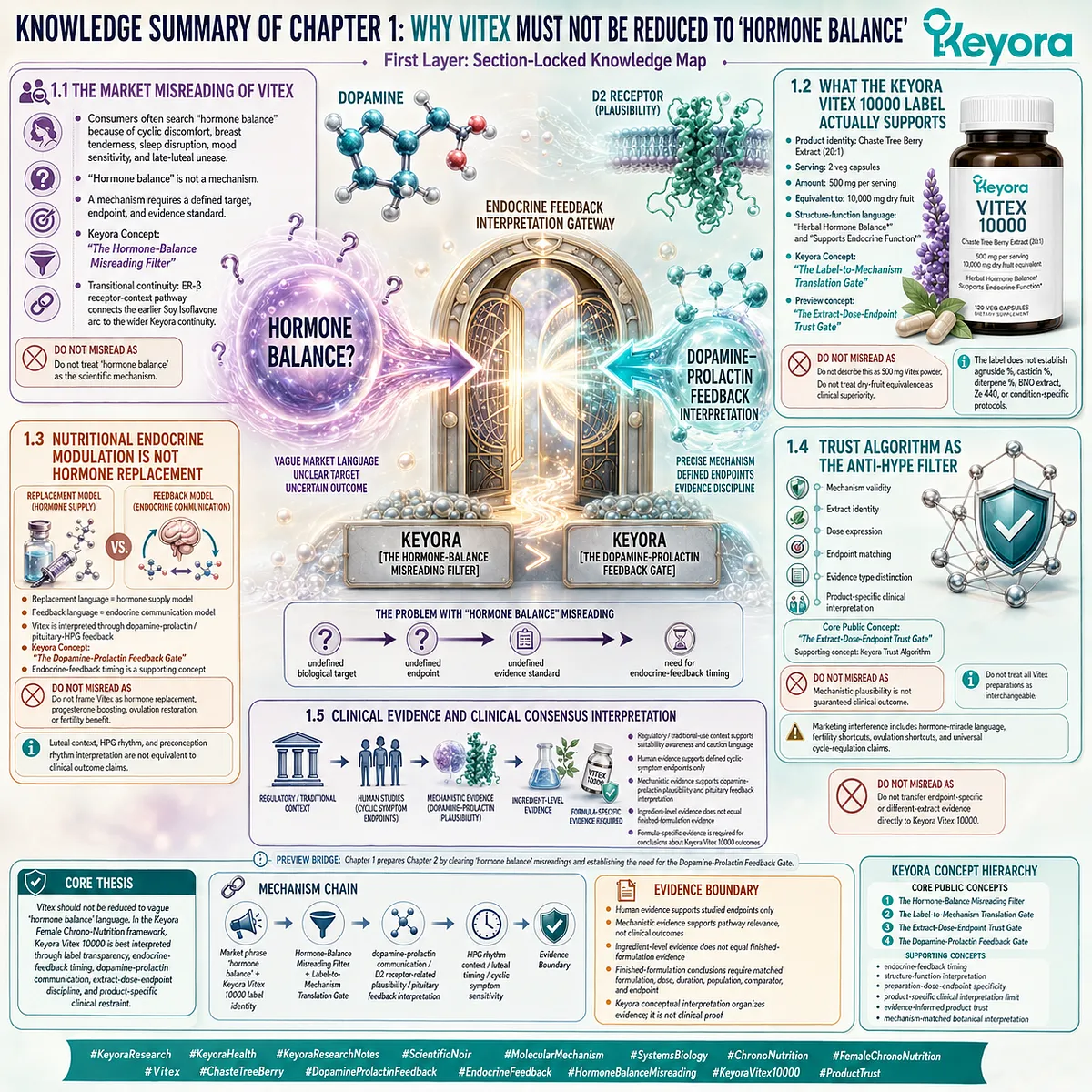 Vitex hormone balance support is reframed through dopamine-prolactin feedback, endocrine-feedback timing, extract-dose-endpoint discipline, and evidence-based interpretation in the Keyora Female Chrono-Nutrition framework. Vitex hormone balance support is reframed through dopamine-prolactin feedback, endocrine-feedback timing, extract-dose-endpoint discipline, and evidence-based interpretation in the Keyora Female Chrono-Nutrition framework.