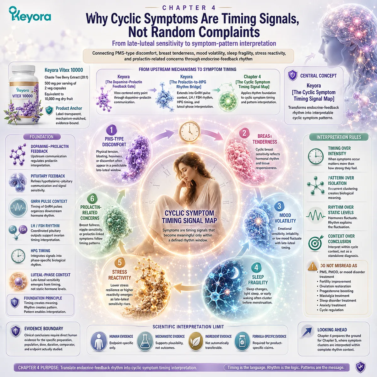PMS symptoms, breast tenderness, mood swings, sleep disruption, and stress sensitivity mapped through dopamine-prolactin communication, HPG rhythm timing, and the Keyora Cyclic Symptom Timing Signal Map. PMS symptoms, breast tenderness, mood swings, sleep disruption, and stress sensitivity mapped through dopamine-prolactin communication, HPG rhythm timing, and the Keyora Cyclic Symptom Timing Signal Map.
