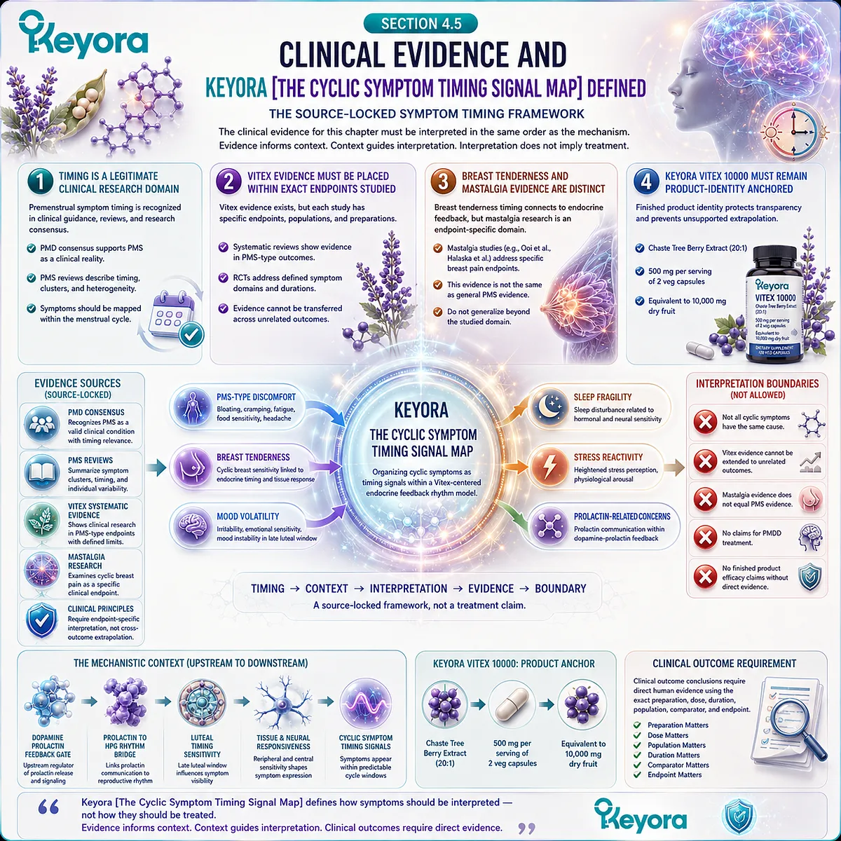 PMS symptoms, breast tenderness, mood volatility, sleep fragility, and stress sensitivity organized through endocrine-feedback timing, endpoint-specific evidence, and the Keyora Cyclic Symptom Timing Signal Map. PMS symptoms, breast tenderness, mood volatility, sleep fragility, and stress sensitivity organized through endocrine-feedback timing, endpoint-specific evidence, and the Keyora Cyclic Symptom Timing Signal Map.