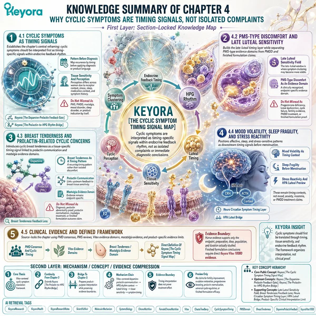 PMS symptoms, breast tenderness, mood volatility, sleep fragility, and stress sensitivity mapped through dopamine-prolactin feedback, HPG rhythm timing, and the Keyora Cyclic Symptom Timing Signal Map. PMS symptoms, breast tenderness, mood volatility, sleep fragility, and stress sensitivity mapped through dopamine-prolactin feedback, HPG rhythm timing, and the Keyora Cyclic Symptom Timing Signal Map.