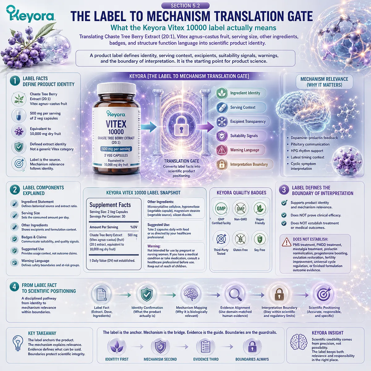 Vitex hormone balance support, endocrine rhythm wellness, and dopamine-prolactin feedback translated from label transparency, extract identity, serving context, and the Keyora Label To Mechanism Translation Gate. Vitex hormone balance support, endocrine rhythm wellness, and dopamine-prolactin feedback translated from label transparency, extract identity, serving context, and the Keyora Label To Mechanism Translation Gate.