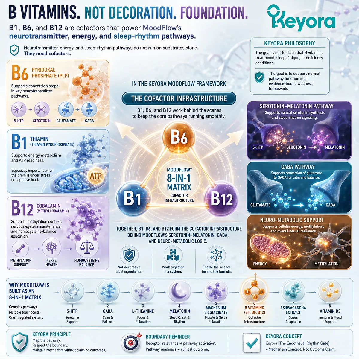 B vitamins for mood support, sleep quality, and mental energy linked through serotonin synthesis, GABA production, ATP metabolism, and the Keyora MoodFlow 8-in-1 Matrix. B vitamins for mood support, sleep quality, and mental energy linked through serotonin synthesis, GABA production, ATP metabolism, and the Keyora MoodFlow 8-in-1 Matrix.