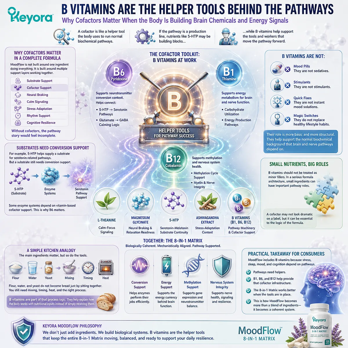 B vitamins for mood, sleep, and cognitive support shown as neurotransmitter cofactors linking serotonin pathways, GABA balance, ATP metabolism, and the Keyora MoodFlow Nutritional Neurology Matrix. B vitamins for mood, sleep, and cognitive support shown as neurotransmitter cofactors linking serotonin pathways, GABA balance, ATP metabolism, and the Keyora MoodFlow Nutritional Neurology Matrix.