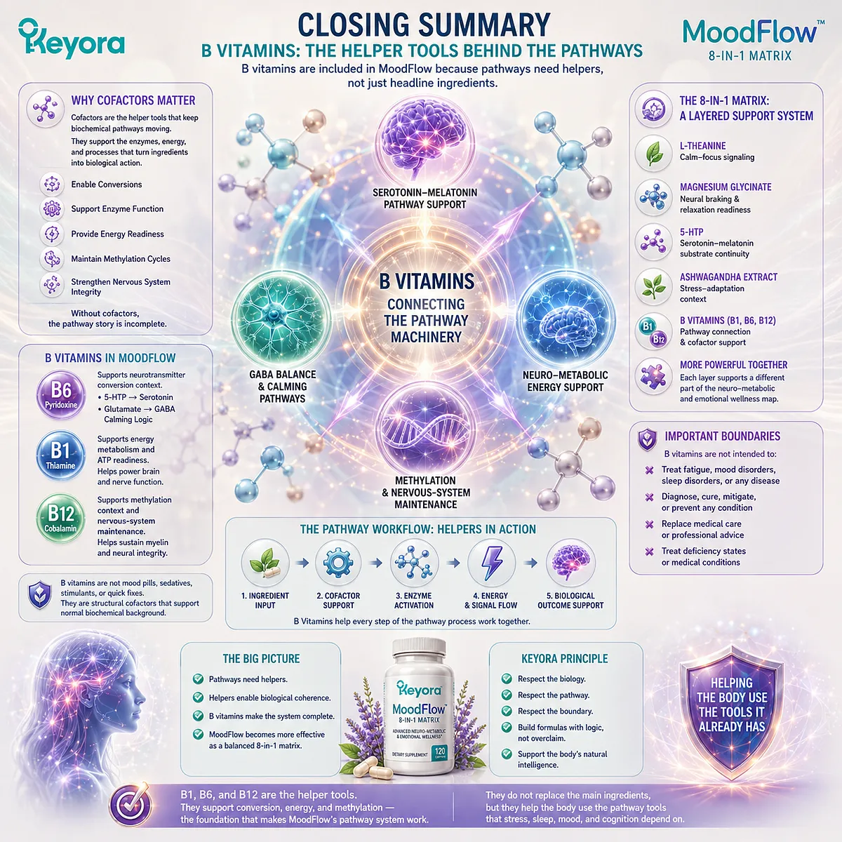 B vitamins for mood, sleep, stress resilience, and cognitive support connected through neurotransmitter conversion, ATP energy production, methylation pathways, and the Keyora MoodFlow Matrix. B vitamins for mood, sleep, stress resilience, and cognitive support connected through neurotransmitter conversion, ATP energy production, methylation pathways, and the Keyora MoodFlow Matrix.