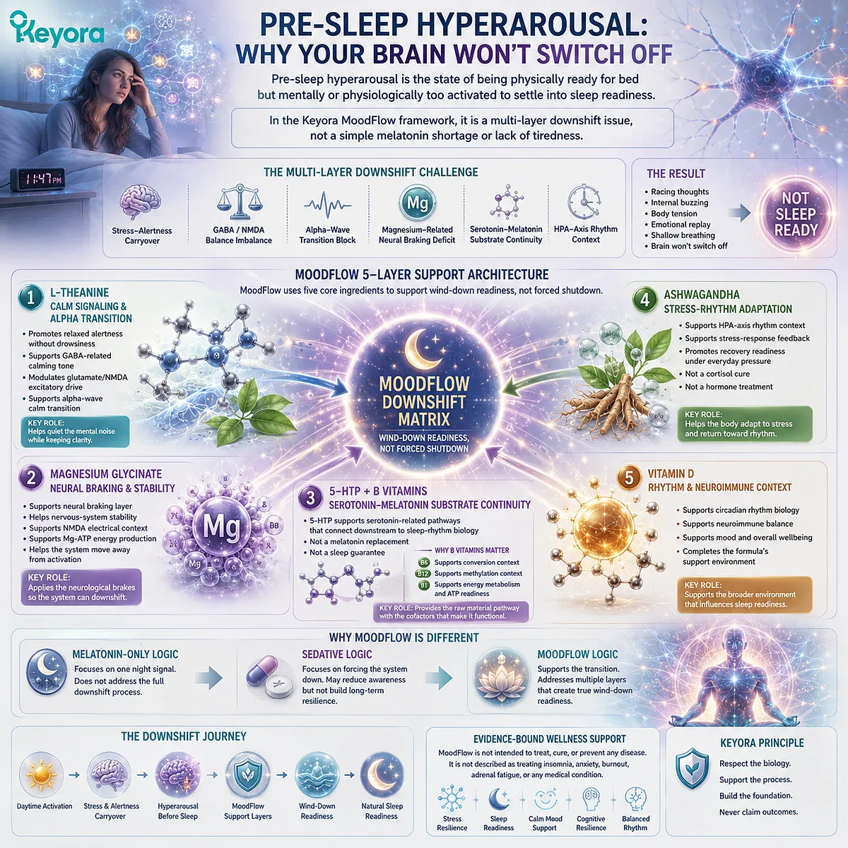 Pre-sleep hyperarousal reflects difficulty transitioning into sleep readiness due to stress-alertness carryover, GABA/NMDA imbalance, alpha-wave transition, and HPA-axis rhythm context in the Keyora MoodFlow Matrix. Pre-sleep hyperarousal reflects difficulty transitioning into sleep readiness due to stress-alertness carryover, GABA/NMDA imbalance, alpha-wave transition, and HPA-axis rhythm context in the Keyora MoodFlow Matrix.