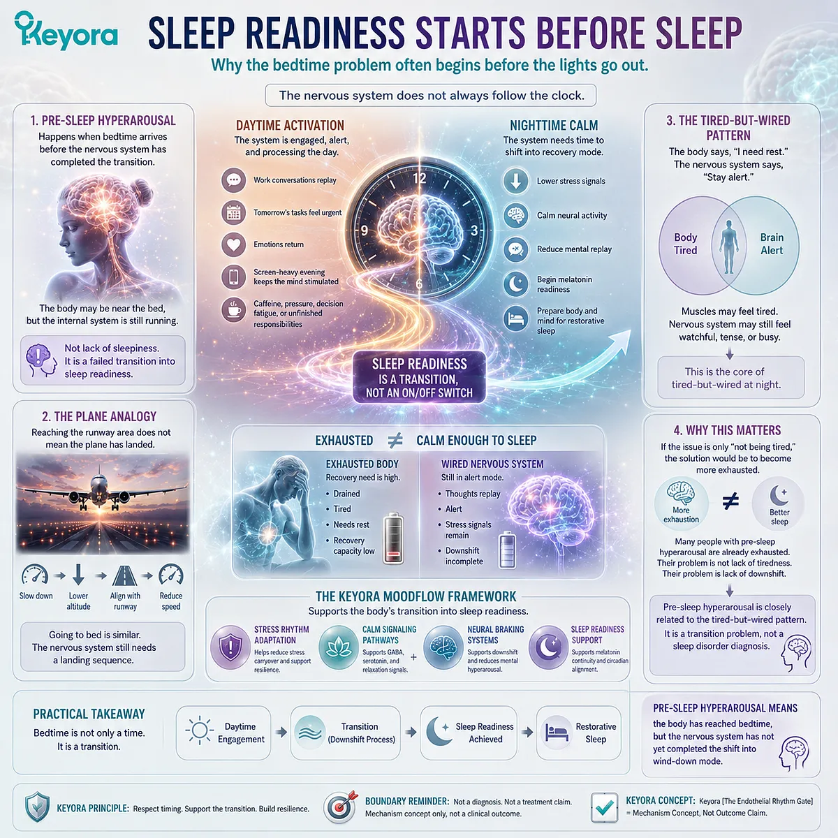 Pre-sleep hyperarousal reflects difficulty transitioning into sleep readiness when stress-alertness signals remain active and neural braking has not fully engaged, a downshift pattern interpreted through the Keyora MoodFlow Matrix. Pre-sleep hyperarousal reflects difficulty transitioning into sleep readiness when stress-alertness signals remain active and neural braking has not fully engaged, a downshift pattern interpreted through the Keyora MoodFlow Matrix.