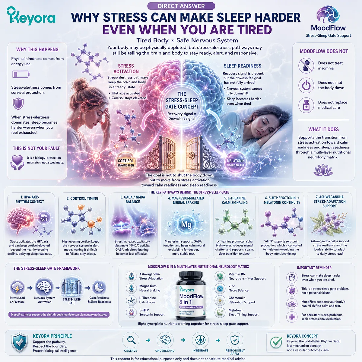 Sleep quality and stress regulation depend on HPA-axis rhythm, cortisol timing, GABA/NMDA balance, and serotonin-melatonin continuity, illustrating the Keyora MoodFlow stress-sleep gate where tiredness and calm readiness can become uncoupled. Sleep quality and stress regulation depend on HPA-axis rhythm, cortisol timing, GABA/NMDA balance, and serotonin-melatonin continuity, illustrating the Keyora MoodFlow stress-sleep gate where tiredness and calm readiness can become uncoupled.