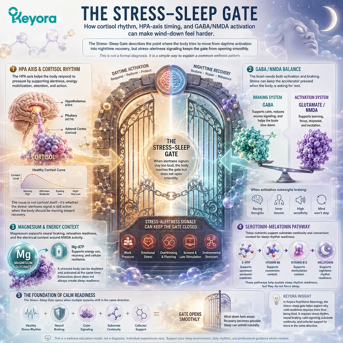 Sleep quality and stress regulation depend on coordinated HPA-axis timing, cortisol rhythm, GABA/NMDA balance, and serotonin-melatonin continuity, illustrating the Keyora Stress-Sleep Gate where exhaustion and sleep readiness may become uncoupled. Sleep quality and stress regulation depend on coordinated HPA-axis timing, cortisol rhythm, GABA/NMDA balance, and serotonin-melatonin continuity, illustrating the Keyora Stress-Sleep Gate where exhaustion and sleep readiness may become uncoupled.