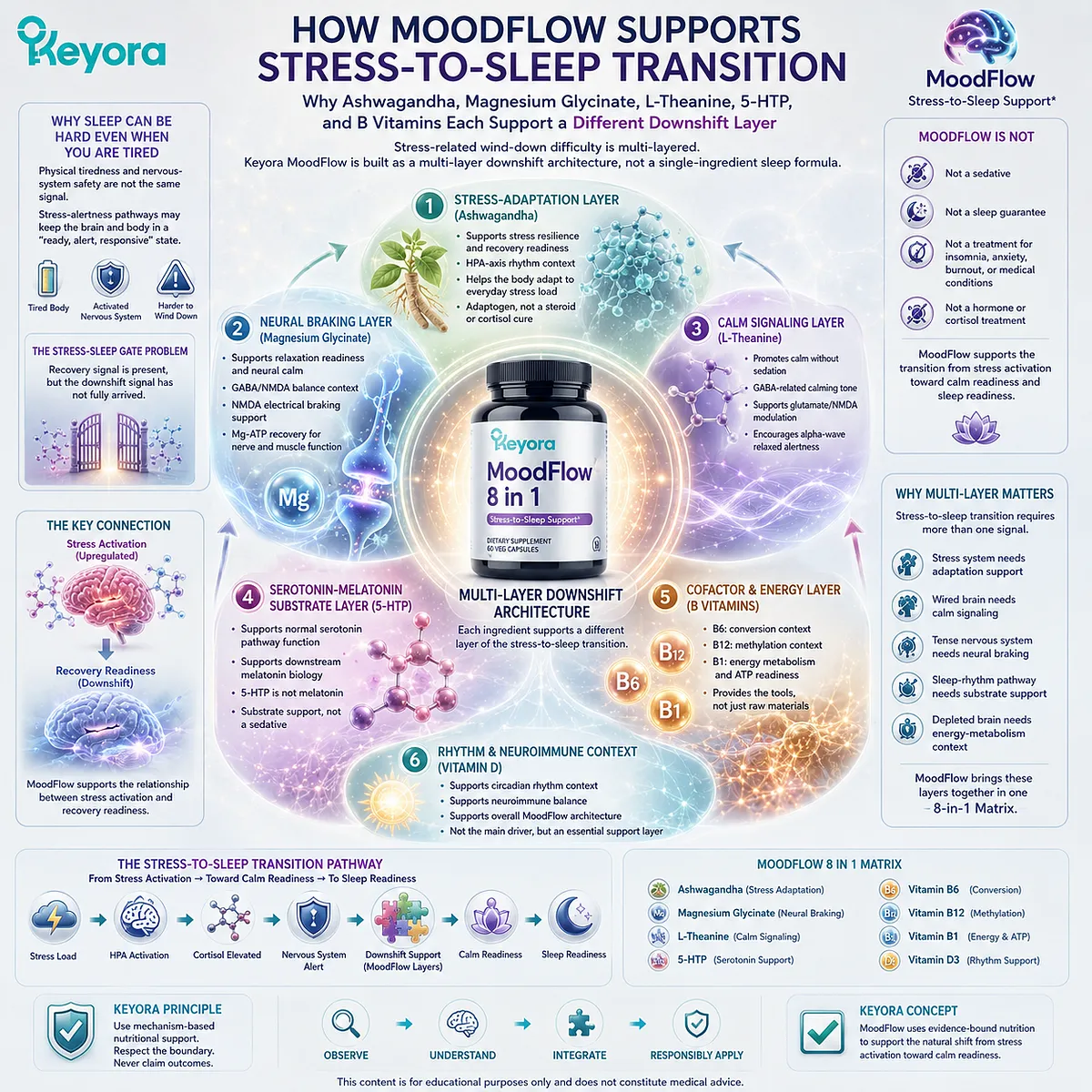 Stress and sleep quality depend on coordinated stress adaptation, neural braking, calm signaling, and serotonin-melatonin continuity, illustrating the Keyora MoodFlow 8-in-1 Matrix linking Ashwagandha, magnesium glycinate, L-Theanine, 5-HTP, and B-vitamin support. Stress and sleep quality depend on coordinated stress adaptation, neural braking, calm signaling, and serotonin-melatonin continuity, illustrating the Keyora MoodFlow 8-in-1 Matrix linking Ashwagandha, magnesium glycinate, L-Theanine, 5-HTP, and B-vitamin support.