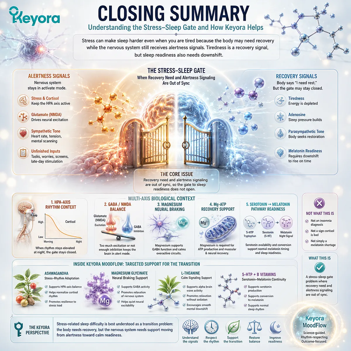 Feeling exhausted but unable to sleep can reflect a mismatch between recovery need and stress-alertness signaling, involving HPA-axis rhythm, GABA/NMDA balance, Mg-ATP recovery context, and serotonin-melatonin readiness within the Keyora MoodFlow Matrix. Feeling exhausted but unable to sleep can reflect a mismatch between recovery need and stress-alertness signaling, involving HPA-axis rhythm, GABA/NMDA balance, Mg-ATP recovery context, and serotonin-melatonin readiness within the Keyora MoodFlow Matrix.