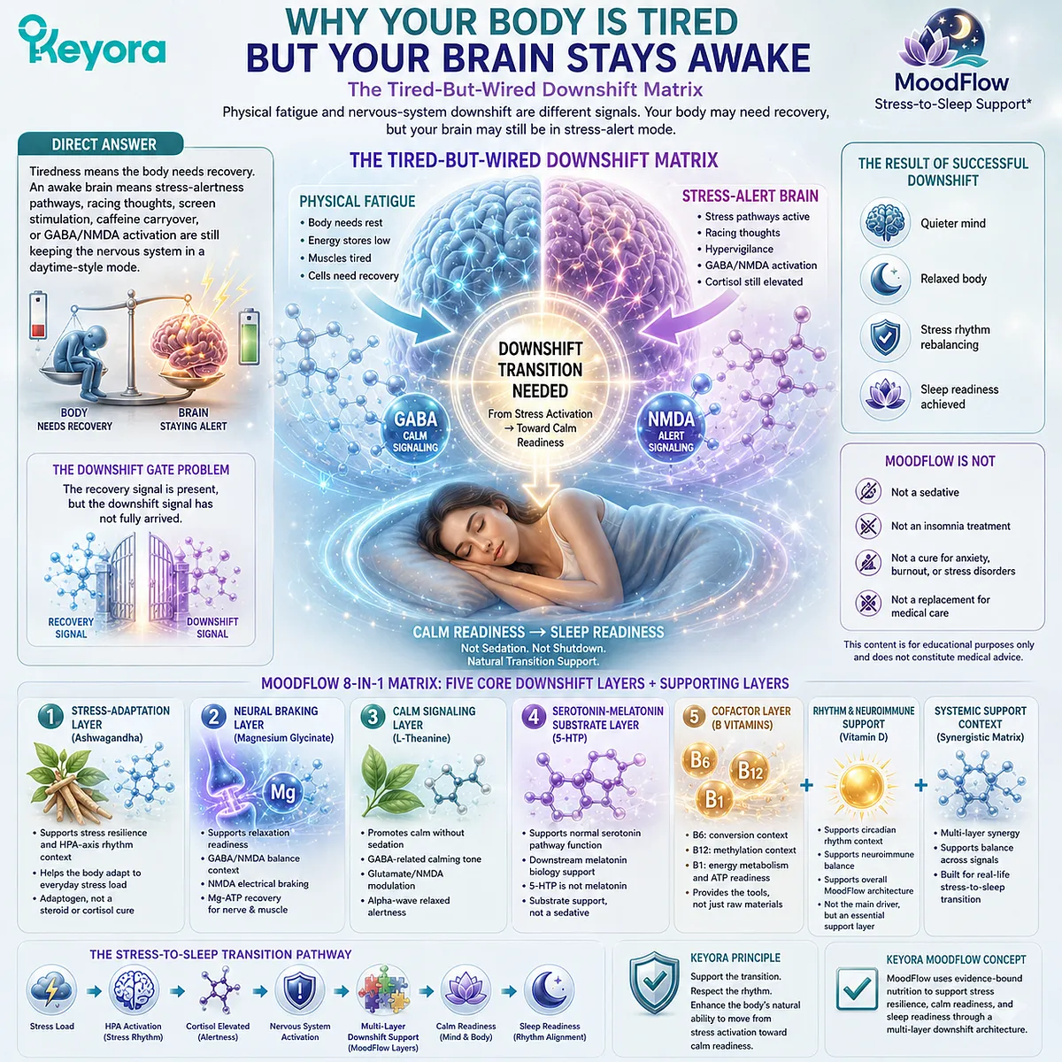 Body tired but brain awake patterns can occur when physical fatigue and nervous-system downshift become uncoupled, involving GABA/NMDA activation, stress-alertness signaling, and serotonin-melatonin readiness within the Keyora MoodFlow tired-but-wired matrix. Body tired but brain awake patterns can occur when physical fatigue and nervous-system downshift become uncoupled, involving GABA/NMDA activation, stress-alertness signaling, and serotonin-melatonin readiness within the Keyora MoodFlow tired-but-wired matrix.