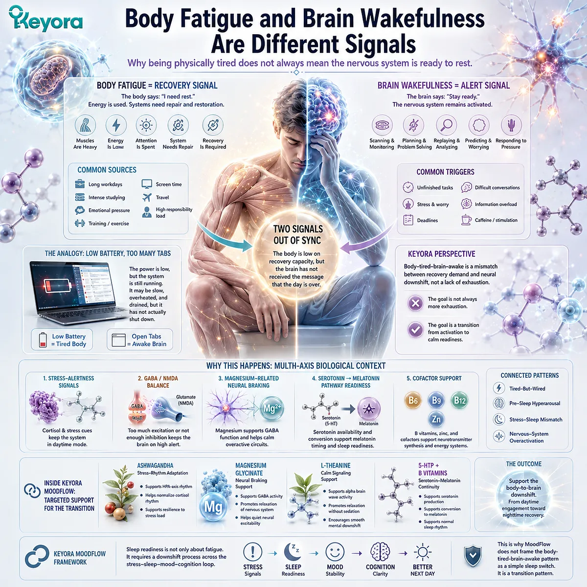 Body tired but brain awake patterns occur when physical exhaustion and neural downshift become uncoupled, linking stress-alertness signaling, GABA/NMDA balance, and serotonin-melatonin readiness within the Keyora MoodFlow tired-but-wired framework. Body tired but brain awake patterns occur when physical exhaustion and neural downshift become uncoupled, linking stress-alertness signaling, GABA/NMDA balance, and serotonin-melatonin readiness within the Keyora MoodFlow tired-but-wired framework.