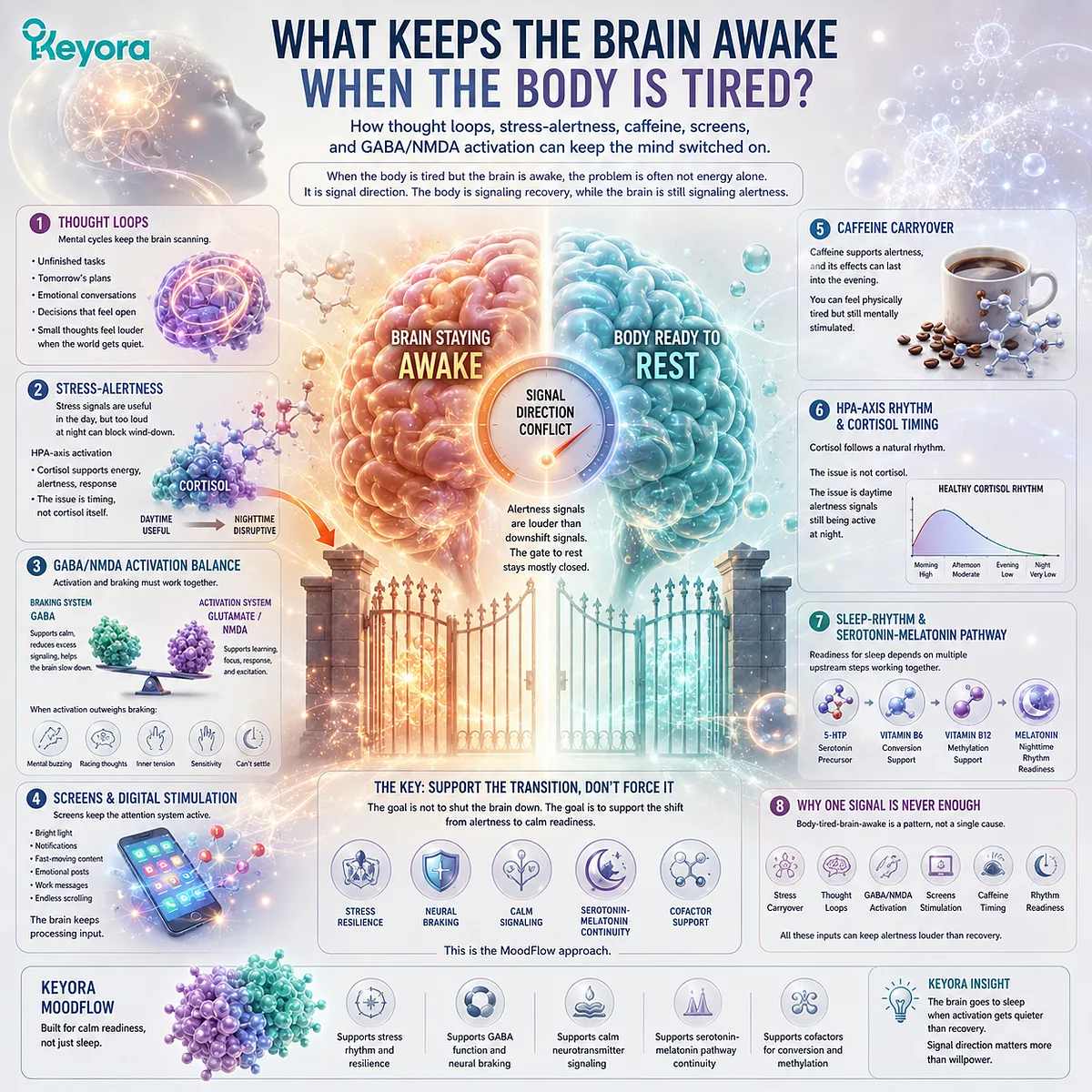 Body tired but brain awake patterns can arise when thought loops, screen stimulation, caffeine carryover, and stress-alertness signaling maintain GABA/NMDA activation and delay neural downshift, a transition process framed by the Keyora MoodFlow Matrix. Body tired but brain awake patterns can arise when thought loops, screen stimulation, caffeine carryover, and stress-alertness signaling maintain GABA/NMDA activation and delay neural downshift, a transition process framed by the Keyora MoodFlow Matrix.