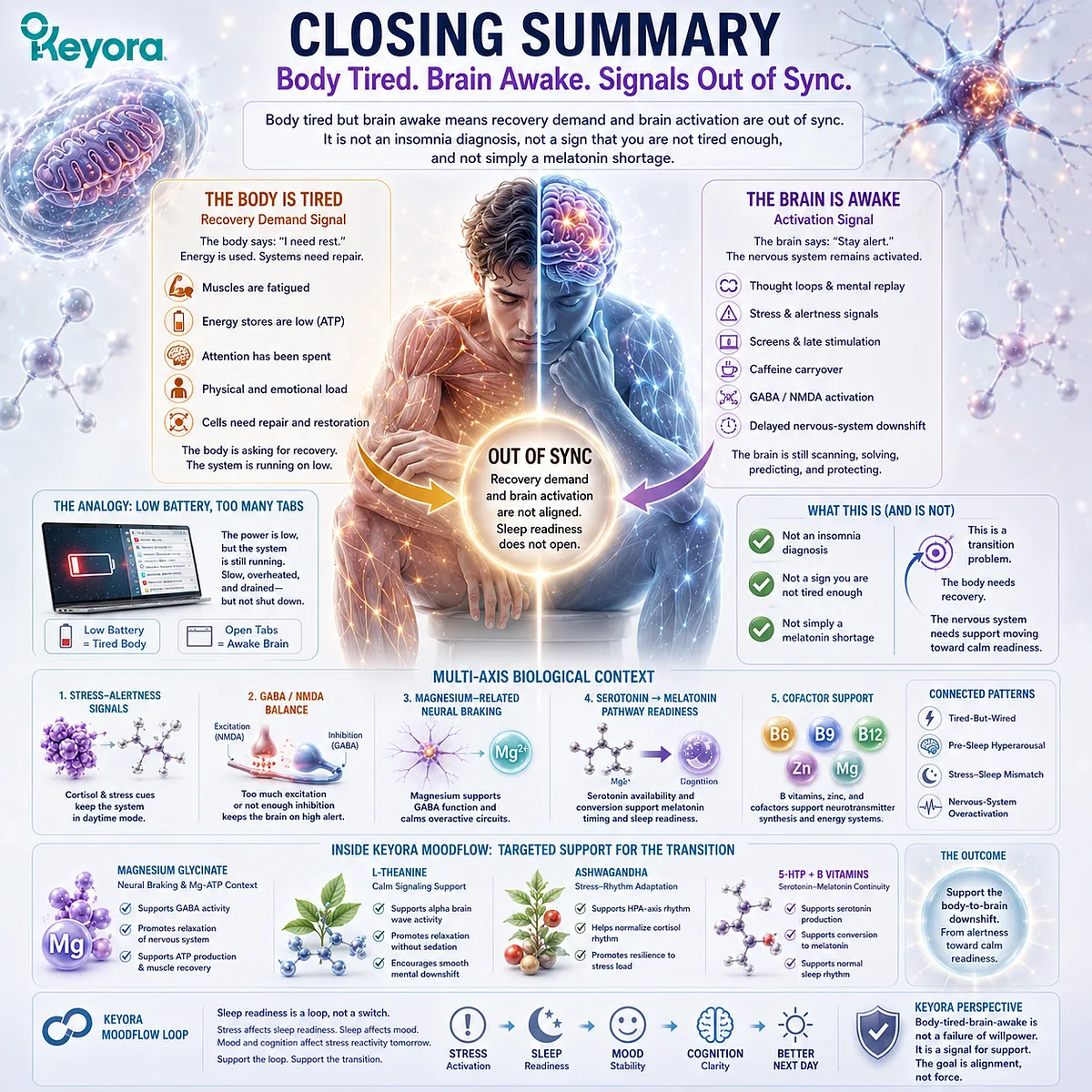 Body tired but brain awake reflects a mismatch between physical recovery demand and ongoing neural activation, involving GABA/NMDA balance, stress-alertness signaling, and serotonin-melatonin readiness within the Keyora MoodFlow body-to-brain downshift framework. Body tired but brain awake reflects a mismatch between physical recovery demand and ongoing neural activation, involving GABA/NMDA balance, stress-alertness signaling, and serotonin-melatonin readiness within the Keyora MoodFlow body-to-brain downshift framework.