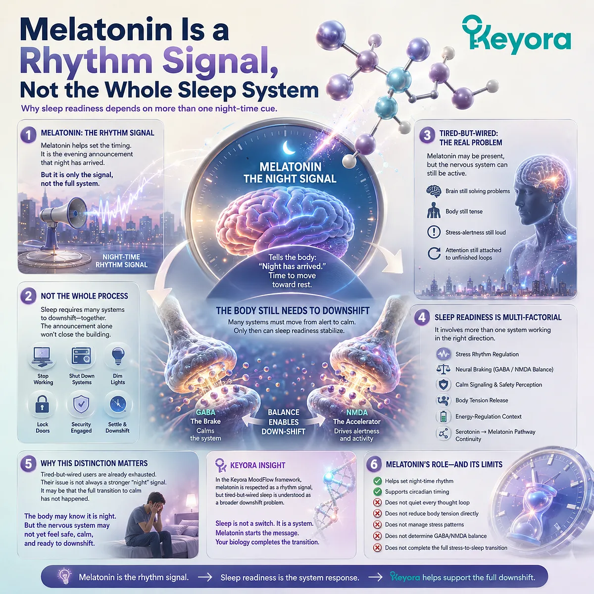Melatonin supports night-time rhythm and sleep readiness, but tired-but-wired patterns may also involve stress-alertness signaling, GABA/NMDA balance, and incomplete nervous-system downshift, a systems perspective framed by the Keyora MoodFlow Matrix. Melatonin supports night-time rhythm and sleep readiness, but tired-but-wired patterns may also involve stress-alertness signaling, GABA/NMDA balance, and incomplete nervous-system downshift, a systems perspective framed by the Keyora MoodFlow Matrix.