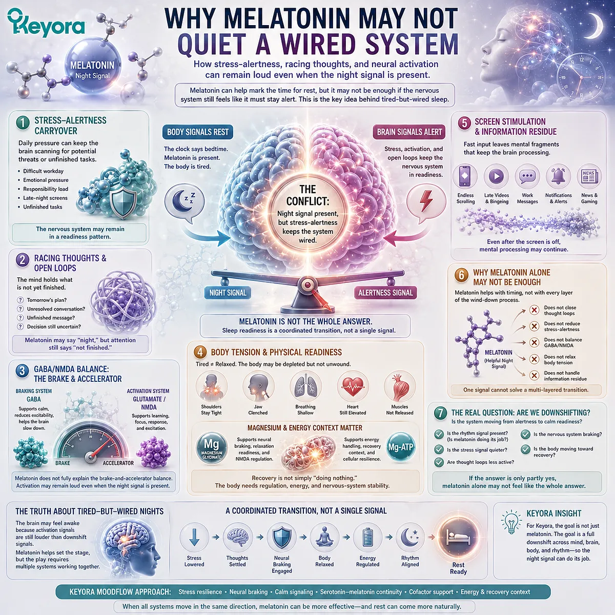 Tired but wired sleep can persist even when night-time rhythm signals are present because stress-alertness carryover, racing thoughts, GABA/NMDA activation, and low neural braking may keep the nervous system in a daytime-style state, a pattern framed by the Keyora MoodFlow Matrix. Tired but wired sleep can persist even when night-time rhythm signals are present because stress-alertness carryover, racing thoughts, GABA/NMDA activation, and low neural braking may keep the nervous system in a daytime-style state, a pattern framed by the Keyora MoodFlow Matrix.