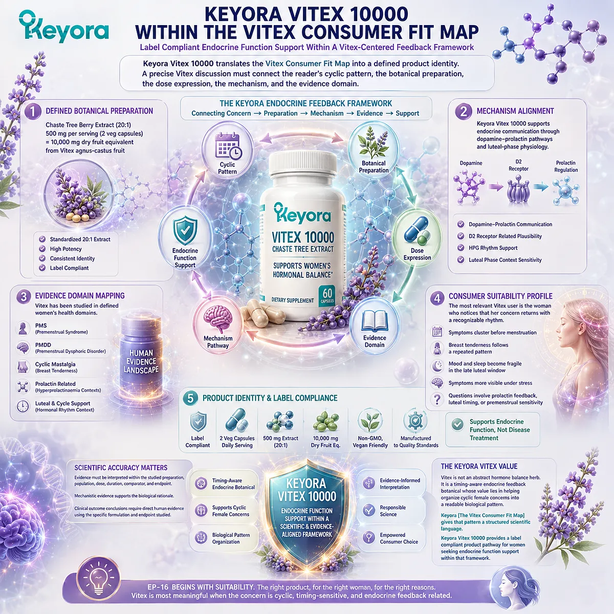 Vitex endocrine function support mapped through cyclic symptom patterns, dopamine-prolactin feedback, luteal timing, and Chaste Tree Berry Extract within the Keyora Vitex Consumer Fit Map. Vitex endocrine function support mapped through cyclic symptom patterns, dopamine-prolactin feedback, luteal timing, and Chaste Tree Berry Extract within the Keyora Vitex Consumer Fit Map.