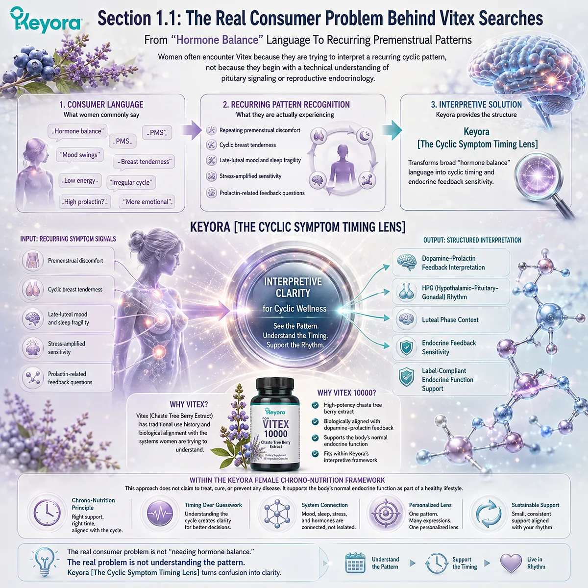 Vitex for PMS-type discomfort, cyclic breast tenderness, and late-luteal mood sensitivity reframes hormone balance searches through dopamine-prolactin communication, HPG rhythm, and the Keyora Cyclic Symptom Timing Lens. Vitex for PMS-type discomfort, cyclic breast tenderness, and late-luteal mood sensitivity reframes hormone balance searches through dopamine-prolactin communication, HPG rhythm, and the Keyora Cyclic Symptom Timing Lens.