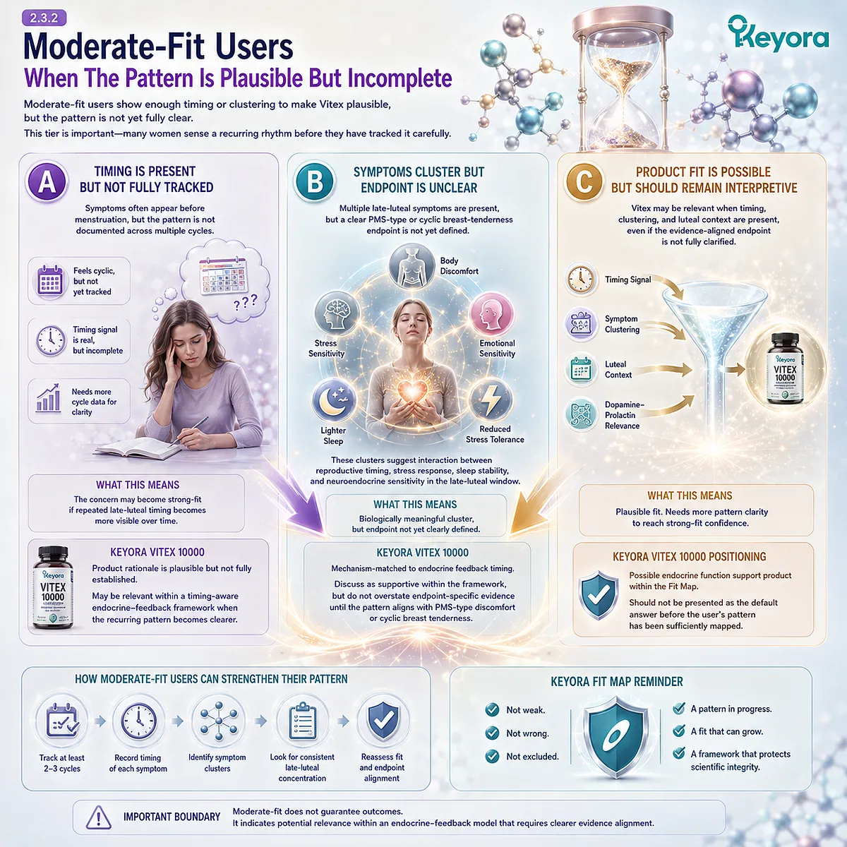 PMS symptoms, mood sensitivity, sleep fragility, and female rhythm support may represent a moderate Vitex fit when late-luteal timing and symptom clustering are present but endpoint alignment and endocrine-feedback patterns remain incompletely defined in the Keyora Vitex Consumer Fit Map. PMS symptoms, mood sensitivity, sleep fragility, and female rhythm support may represent a moderate Vitex fit when late-luteal timing and symptom clustering are present but endpoint alignment and endocrine-feedback patterns remain incompletely defined in the Keyora Vitex Consumer Fit Map.