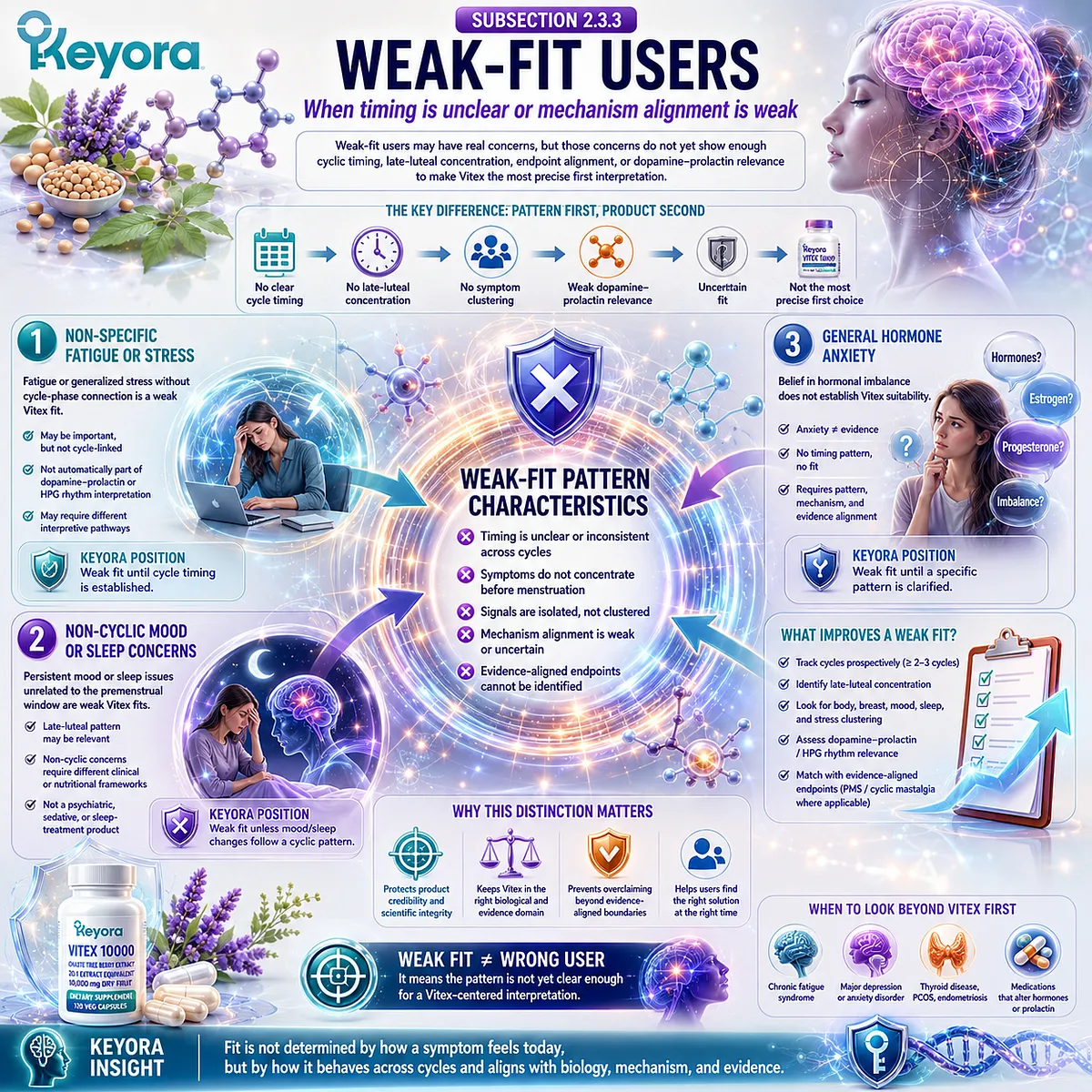 Fatigue, stress, mood changes, and sleep concerns represent a weak Vitex fit when they lack cyclic timing, late-luteal concentration, or dopamine-prolactin and HPG rhythm relevance in the Keyora Vitex Consumer Fit Map. Fatigue, stress, mood changes, and sleep concerns represent a weak Vitex fit when they lack cyclic timing, late-luteal concentration, or dopamine-prolactin and HPG rhythm relevance in the Keyora Vitex Consumer Fit Map.