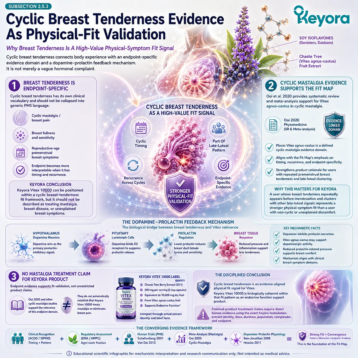 Cyclic breast tenderness and female rhythm support represent a high-value Vitex fit when recurrent premenstrual breast symptoms align with dopamine-prolactin feedback, endpoint-specific evidence, and endocrine-feedback timing in the Keyora Vitex Consumer Fit Map. Cyclic breast tenderness and female rhythm support represent a high-value Vitex fit when recurrent premenstrual breast symptoms align with dopamine-prolactin feedback, endpoint-specific evidence, and endocrine-feedback timing in the Keyora Vitex Consumer Fit Map.