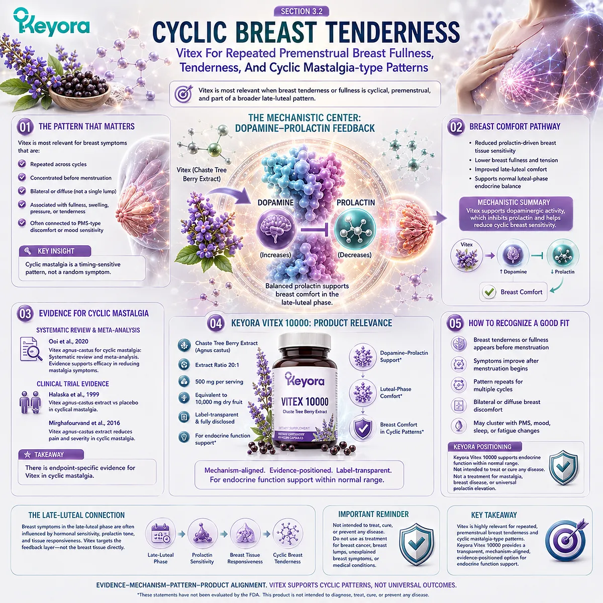 Breast tenderness, breast fullness, and female hormone balance support interpreted through premenstrual timing, cyclic mastalgia patterns, and dopamine-prolactin communication in the Keyora Female Chrono-Nutrition Vitex-responsive framework. Breast tenderness, breast fullness, and female hormone balance support interpreted through premenstrual timing, cyclic mastalgia patterns, and dopamine-prolactin communication in the Keyora Female Chrono-Nutrition Vitex-responsive framework.