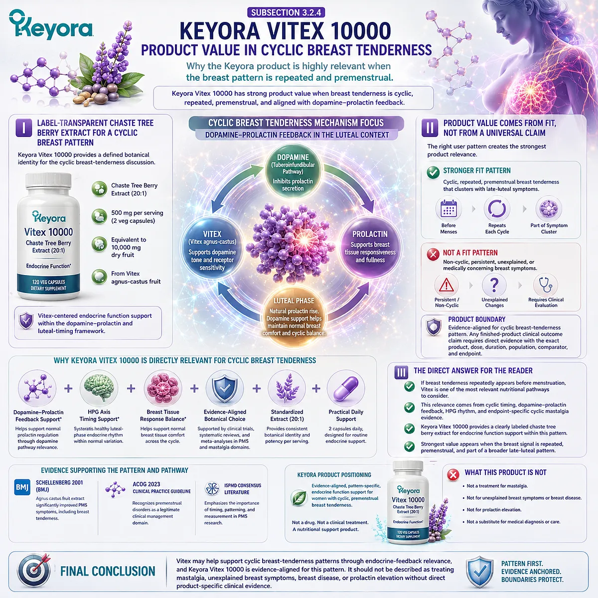 Breast tenderness, breast fullness, and endocrine function support linked to cyclic premenstrual timing, dopamine-prolactin communication, and HPG rhythm sensitivity in the Keyora Female Chrono-Nutrition Vitex framework. Breast tenderness, breast fullness, and endocrine function support linked to cyclic premenstrual timing, dopamine-prolactin communication, and HPG rhythm sensitivity in the Keyora Female Chrono-Nutrition Vitex framework.