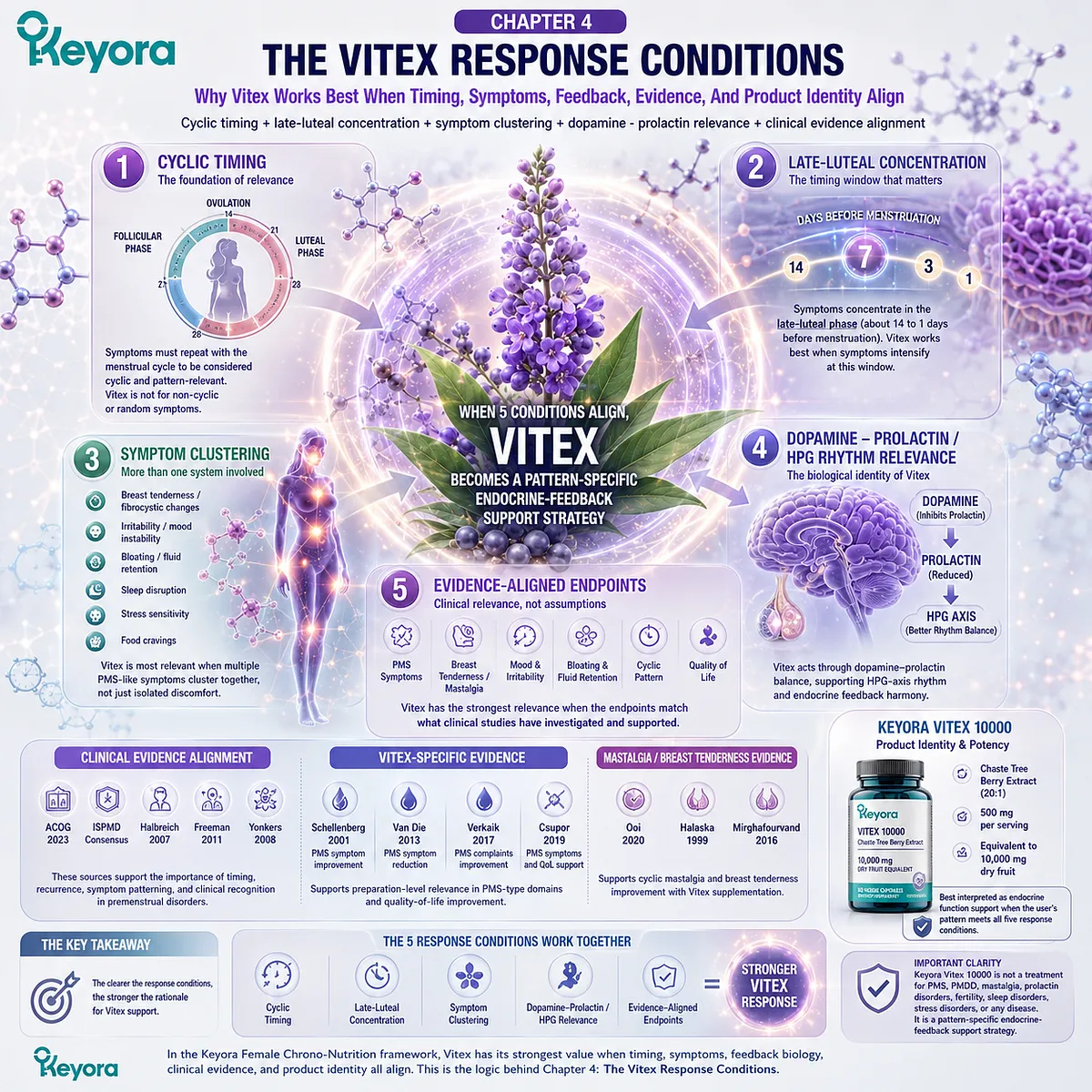 Vitex hormone balance support framework showing how cyclic timing, late-luteal symptom clustering, and dopamine-prolactin and HPG rhythm relevance align to frame endocrine feedback support within Keyora Female Chrono-Nutrition. Vitex hormone balance support framework showing how cyclic timing, late-luteal symptom clustering, and dopamine-prolactin and HPG rhythm relevance align to frame endocrine feedback support within Keyora Female Chrono-Nutrition.