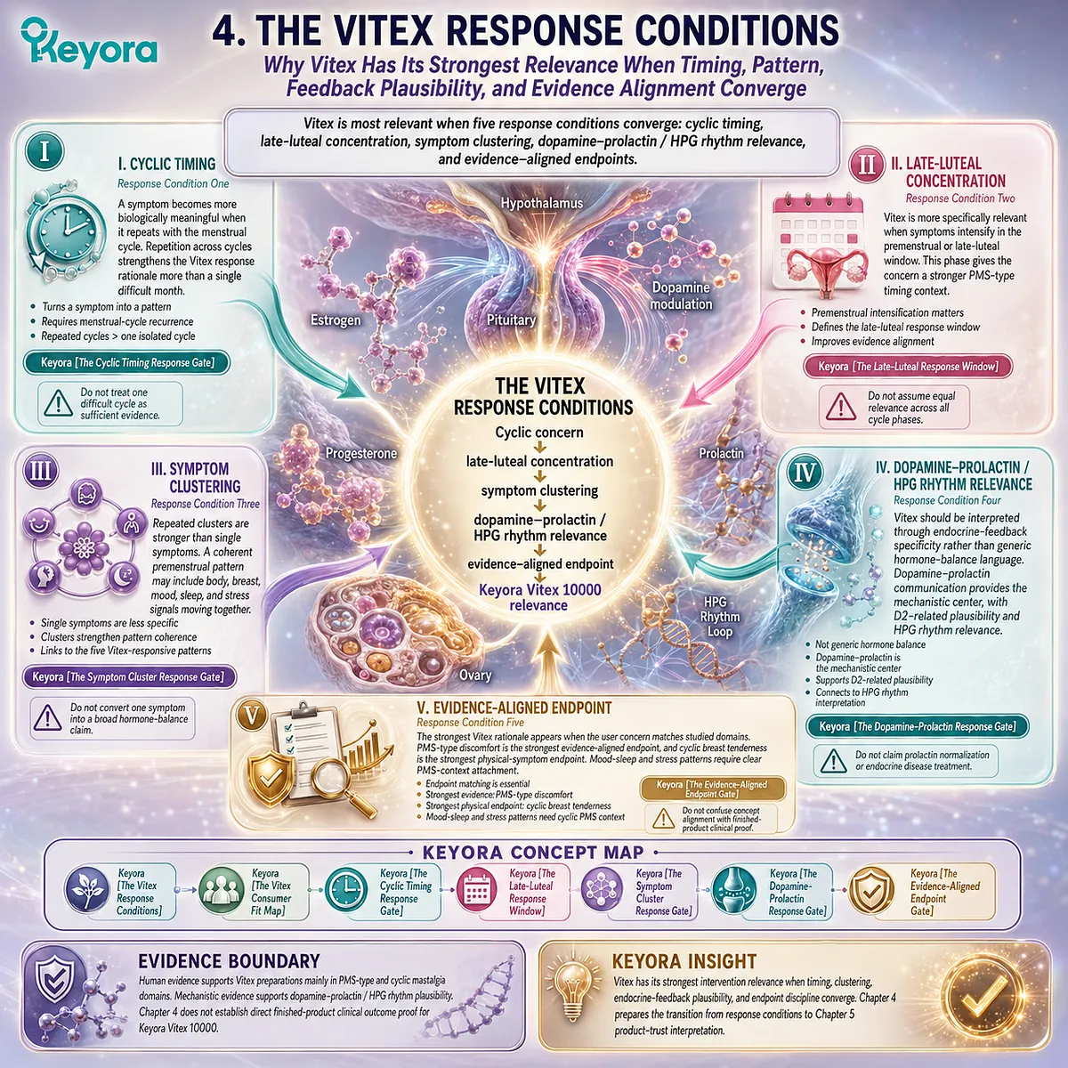 Vitex hormone balance support is most coherent when cyclic timing, late-luteal concentration, symptom clustering, dopamine-prolactin feedback, and PMS-type or cyclic breast tenderness endpoints converge within the Keyora Vitex Response Conditions. Vitex hormone balance support is most coherent when cyclic timing, late-luteal concentration, symptom clustering, dopamine-prolactin feedback, and PMS-type or cyclic breast tenderness endpoints converge within the Keyora Vitex Response Conditions.