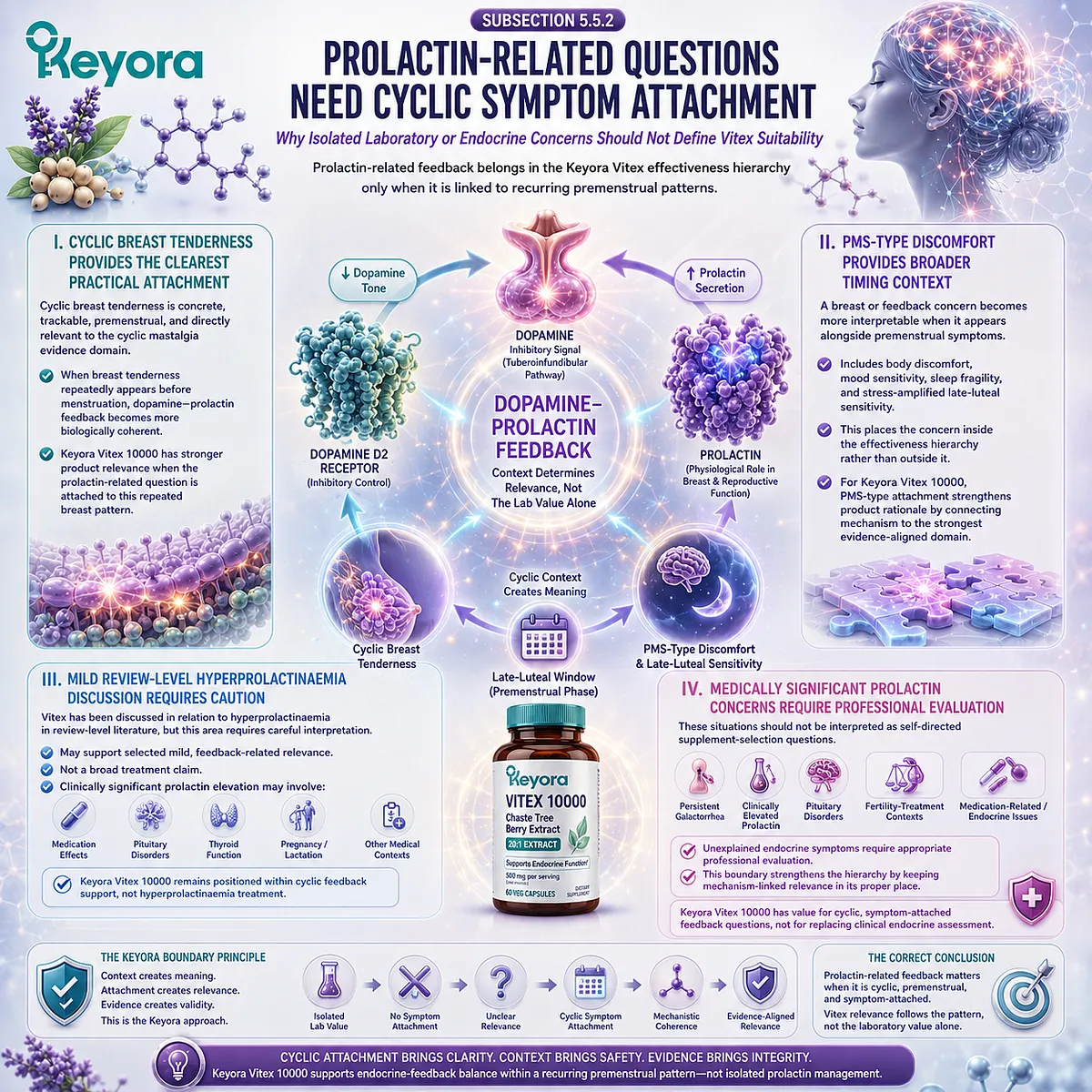 Prolactin-related questions become most relevant to Vitex when cyclic breast tenderness, PMS discomfort, or late-luteal sensitivity align with dopamine-prolactin feedback and endocrine rhythm patterns in the Keyora Vitex Effectiveness Hierarchy. Prolactin-related questions become most relevant to Vitex when cyclic breast tenderness, PMS discomfort, or late-luteal sensitivity align with dopamine-prolactin feedback and endocrine rhythm patterns in the Keyora Vitex Effectiveness Hierarchy.