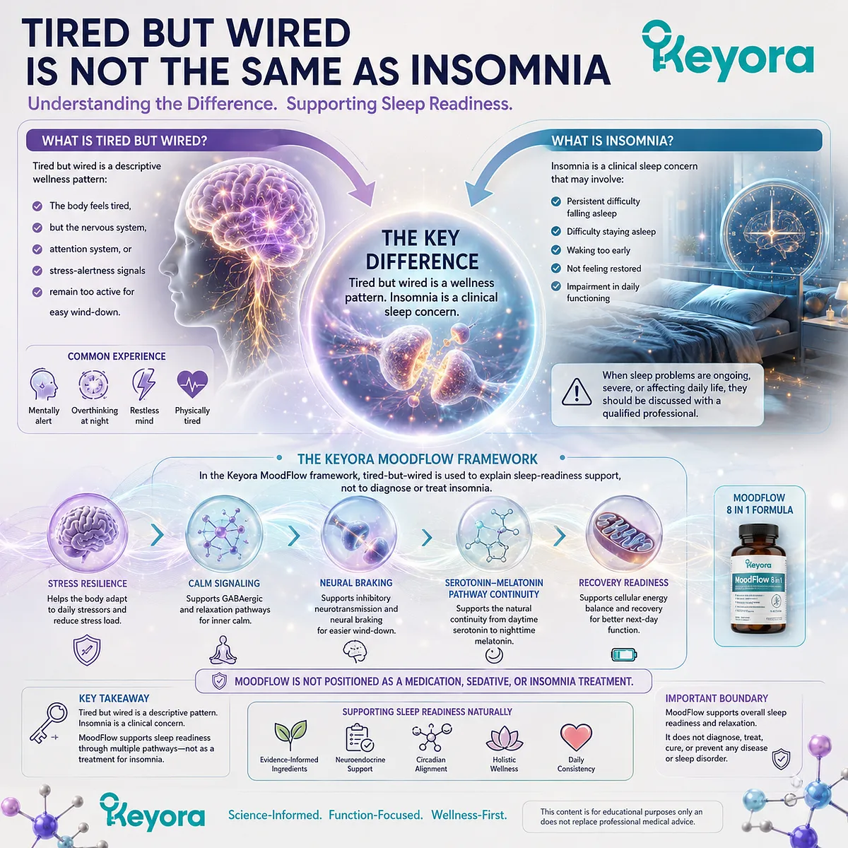 Tired but wired, body tired but mind awake, and sleep readiness support are linked to stress-alertness signaling, neural braking, and serotonin-melatonin pathway continuity within the Keyora MoodFlow Matrix. Tired but wired, body tired but mind awake, and sleep readiness support are linked to stress-alertness signaling, neural braking, and serotonin-melatonin pathway continuity within the Keyora MoodFlow Matrix.