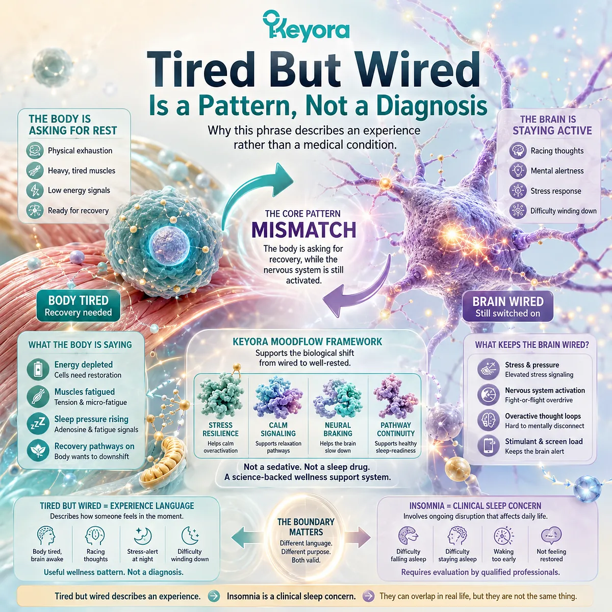 Tired but wired, body tired but mind awake, and sleep readiness support are framed as a wellness pattern linked to stress-alertness signaling, neural braking, and serotonin-melatonin pathway continuity in the Keyora MoodFlow Matrix. Tired but wired, body tired but mind awake, and sleep readiness support are framed as a wellness pattern linked to stress-alertness signaling, neural braking, and serotonin-melatonin pathway continuity in the Keyora MoodFlow Matrix.