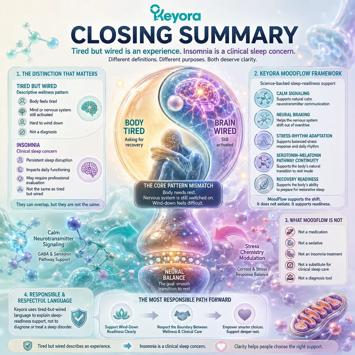 Tired but wired, body tired but brain awake, and sleep readiness support are distinguished from insomnia through calm signaling, neural braking, stress-rhythm adaptation, and serotonin-melatonin pathway continuity in the Keyora MoodFlow Matrix. Tired but wired, body tired but brain awake, and sleep readiness support are distinguished from insomnia through calm signaling, neural braking, stress-rhythm adaptation, and serotonin-melatonin pathway continuity in the Keyora MoodFlow Matrix.
