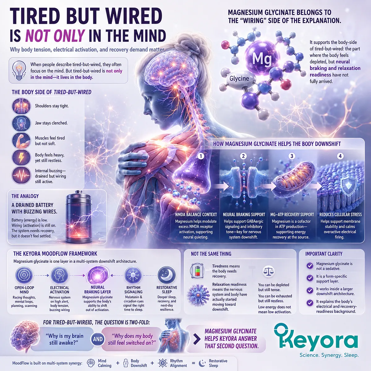 Magnesium glycinate for tired-but-wired patterns helps frame physical tension, nervous-system activation, and relaxation readiness through NMDA balance and Mg-ATP recovery context in the Keyora MoodFlow Matrix. Magnesium glycinate for tired-but-wired patterns helps frame physical tension, nervous-system activation, and relaxation readiness through NMDA balance and Mg-ATP recovery context in the Keyora MoodFlow Matrix.