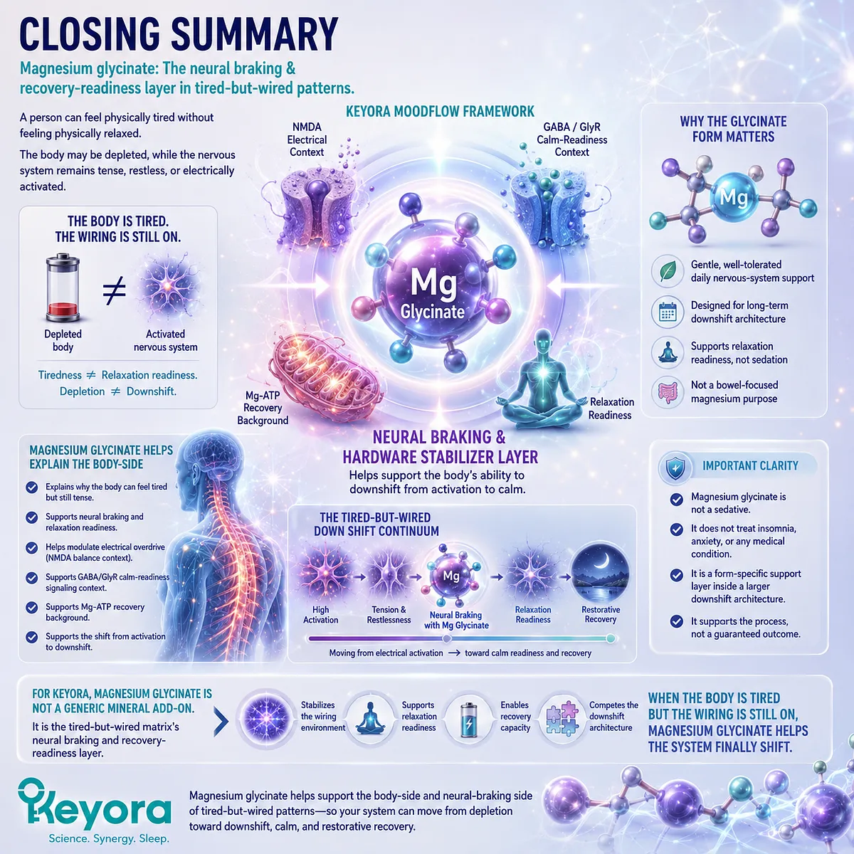 Magnesium glycinate for tired-but-wired patterns supports neural braking and recovery readiness through NMDA electrical context, GABA/GlyR calm-readiness signaling, and Mg-ATP energy background in the Keyora MoodFlow Matrix. Magnesium glycinate for tired-but-wired patterns supports neural braking and recovery readiness through NMDA electrical context, GABA/GlyR calm-readiness signaling, and Mg-ATP energy background in the Keyora MoodFlow Matrix.