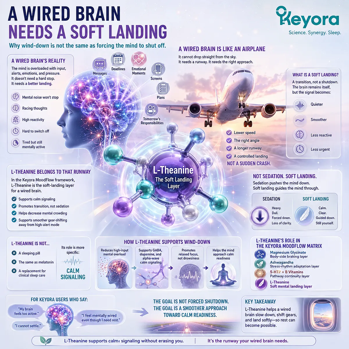 L-Theanine for a wired brain supports calm signaling and relaxed alertness through alpha-wave activity and glutamate/NMDA balance context, serving as the soft-landing layer in the Keyora MoodFlow Matrix. L-Theanine for a wired brain supports calm signaling and relaxed alertness through alpha-wave activity and glutamate/NMDA balance context, serving as the soft-landing layer in the Keyora MoodFlow Matrix.