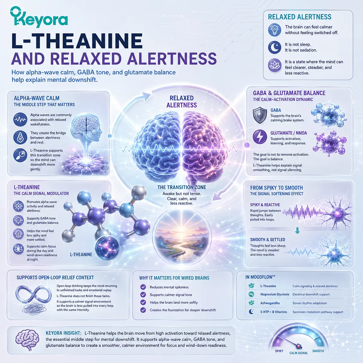 L-Theanine for a wired brain supports relaxed alertness and wind-down readiness through alpha-wave calm, GABA-related calming tone, and glutamate/NMDA balance within the Keyora MoodFlow Matrix. L-Theanine for a wired brain supports relaxed alertness and wind-down readiness through alpha-wave calm, GABA-related calming tone, and glutamate/NMDA balance within the Keyora MoodFlow Matrix.