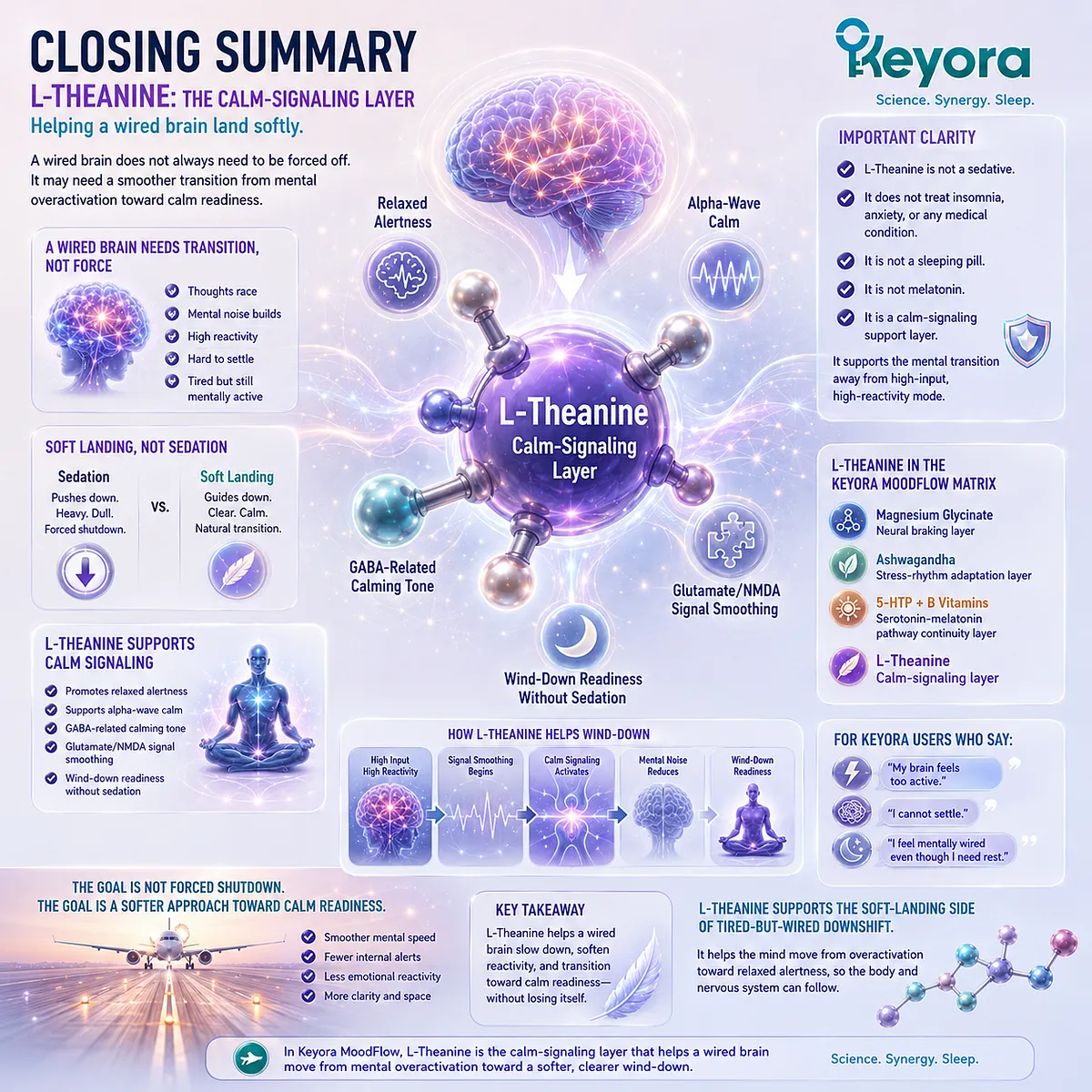 L-Theanine for tired-but-wired patterns supports relaxed alertness and wind-down readiness through alpha-wave calm, GABA-related calming tone, and glutamate/NMDA signal smoothing within the Keyora MoodFlow Matrix. L-Theanine for tired-but-wired patterns supports relaxed alertness and wind-down readiness through alpha-wave calm, GABA-related calming tone, and glutamate/NMDA signal smoothing within the Keyora MoodFlow Matrix.
